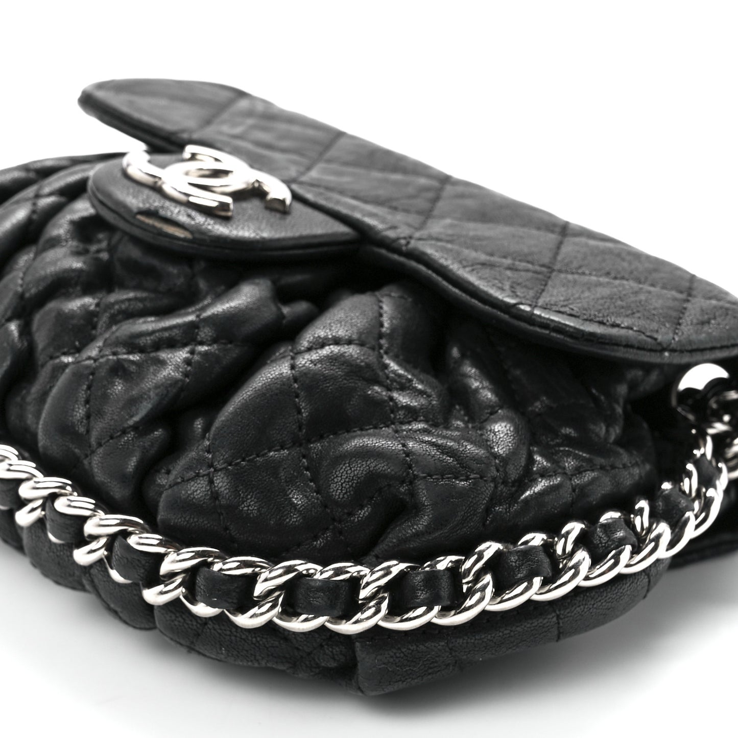 Metallic Washed Lambskin Quilted Mini Chain Around Flap Black