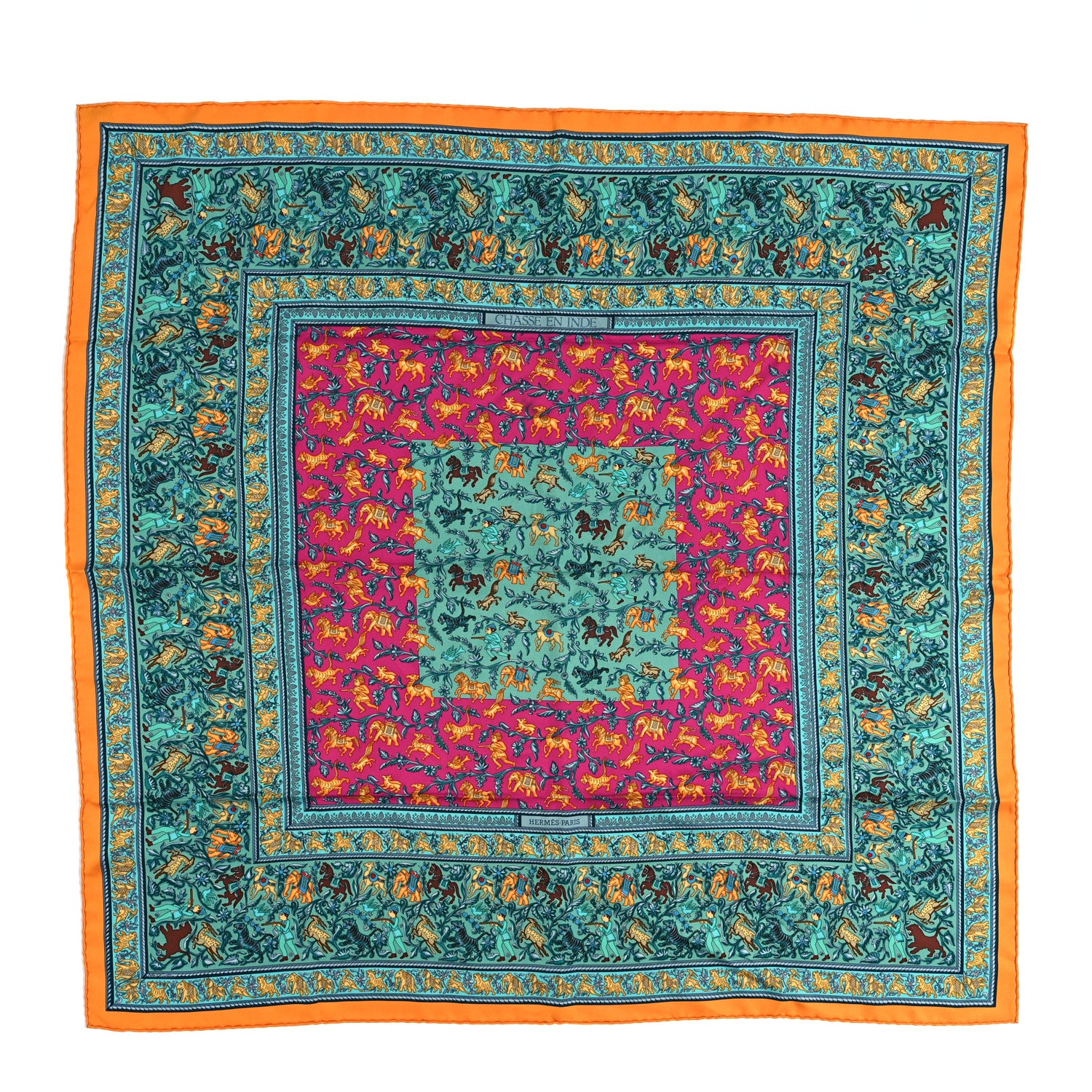 Hermes Silk Chasse En Inde Scarf 90 Bouton D'Or Turquoise Fuchsia 1 of 4