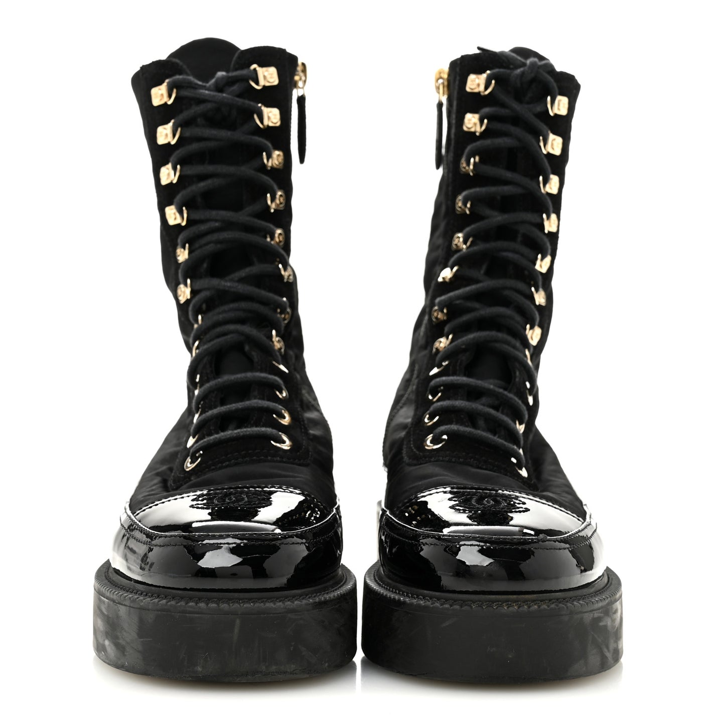 Nylon Suede Patent Calfskin Womens CC Lace Up Boots 36.5 Black