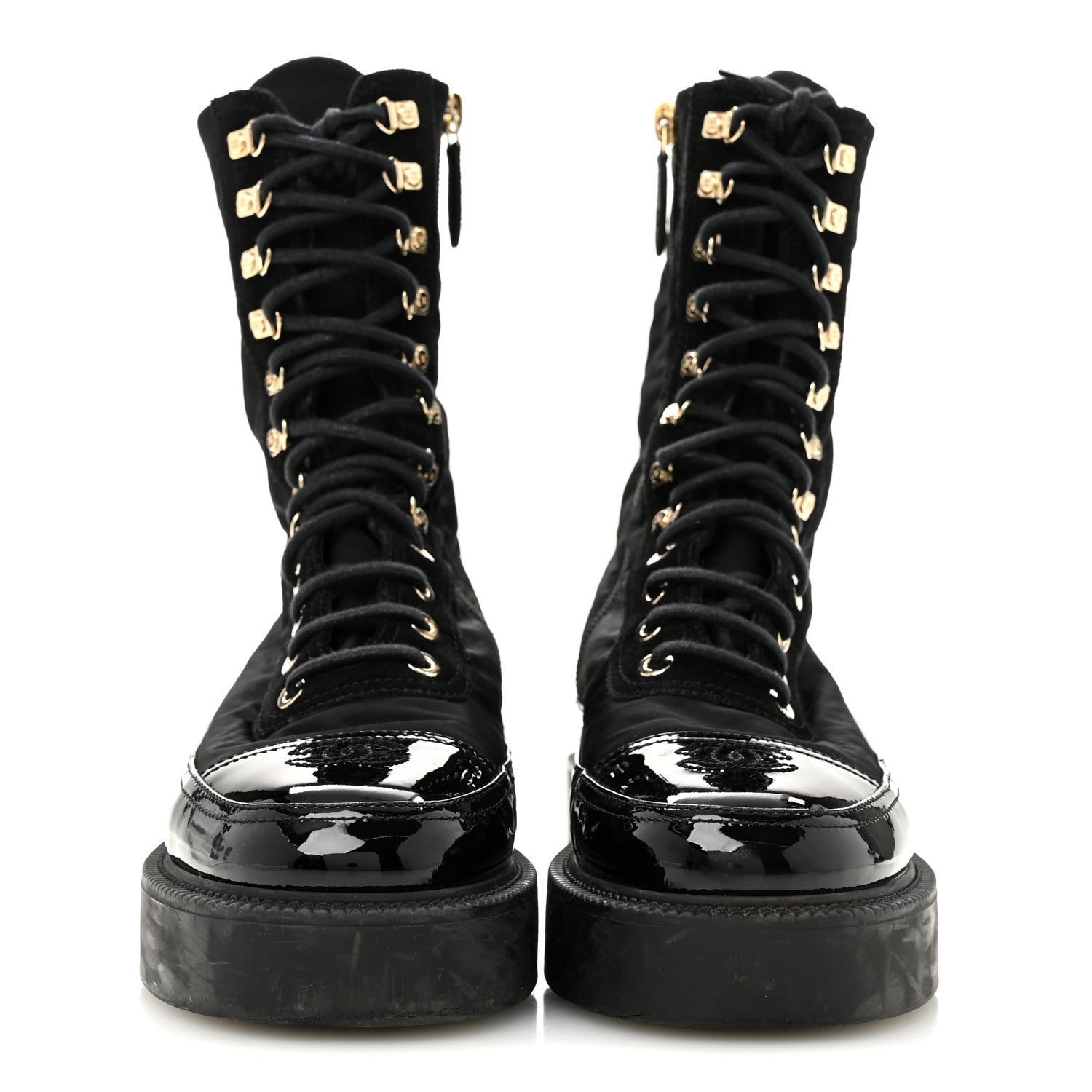 Chanel Nylon Suede Patent Calfskin Womens CC Lace Up Boots 36.5 Black 3 of 9