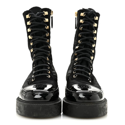 Chanel Nylon Suede Patent Calfskin Womens CC Lace Up Boots 36.5 Black 3 of 9