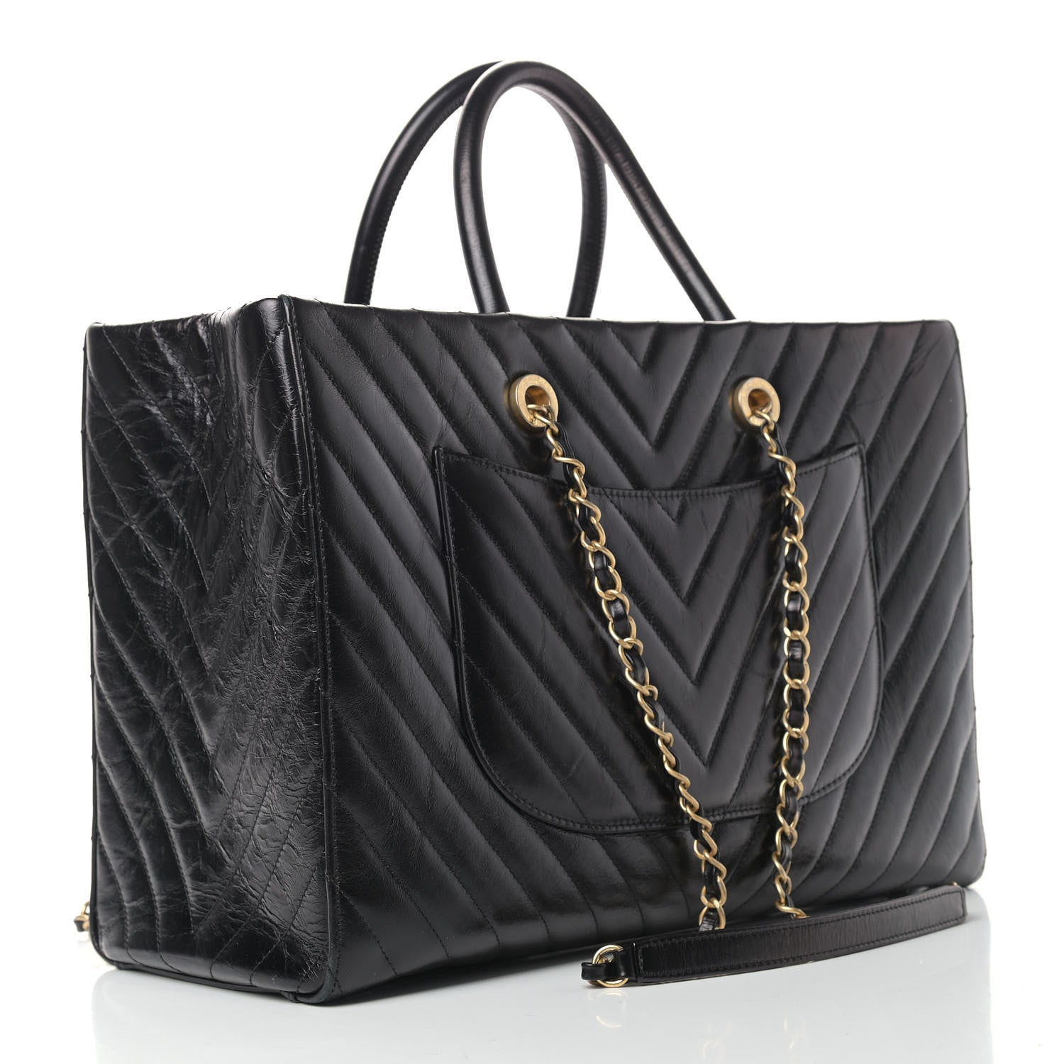 Chanel Aged Calfskin Chevron Large Coco Handle Shopping Tote Black 3 of 14
