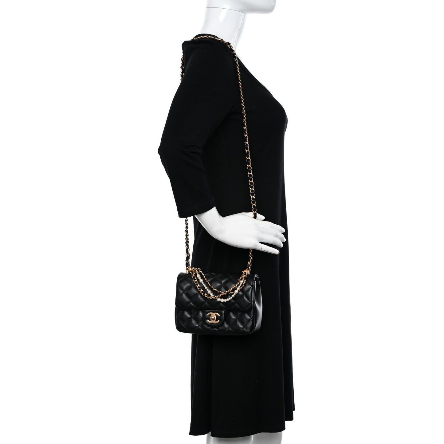 Shiny Lambskin Quilted Pearl Twist Mini Square Flap Black