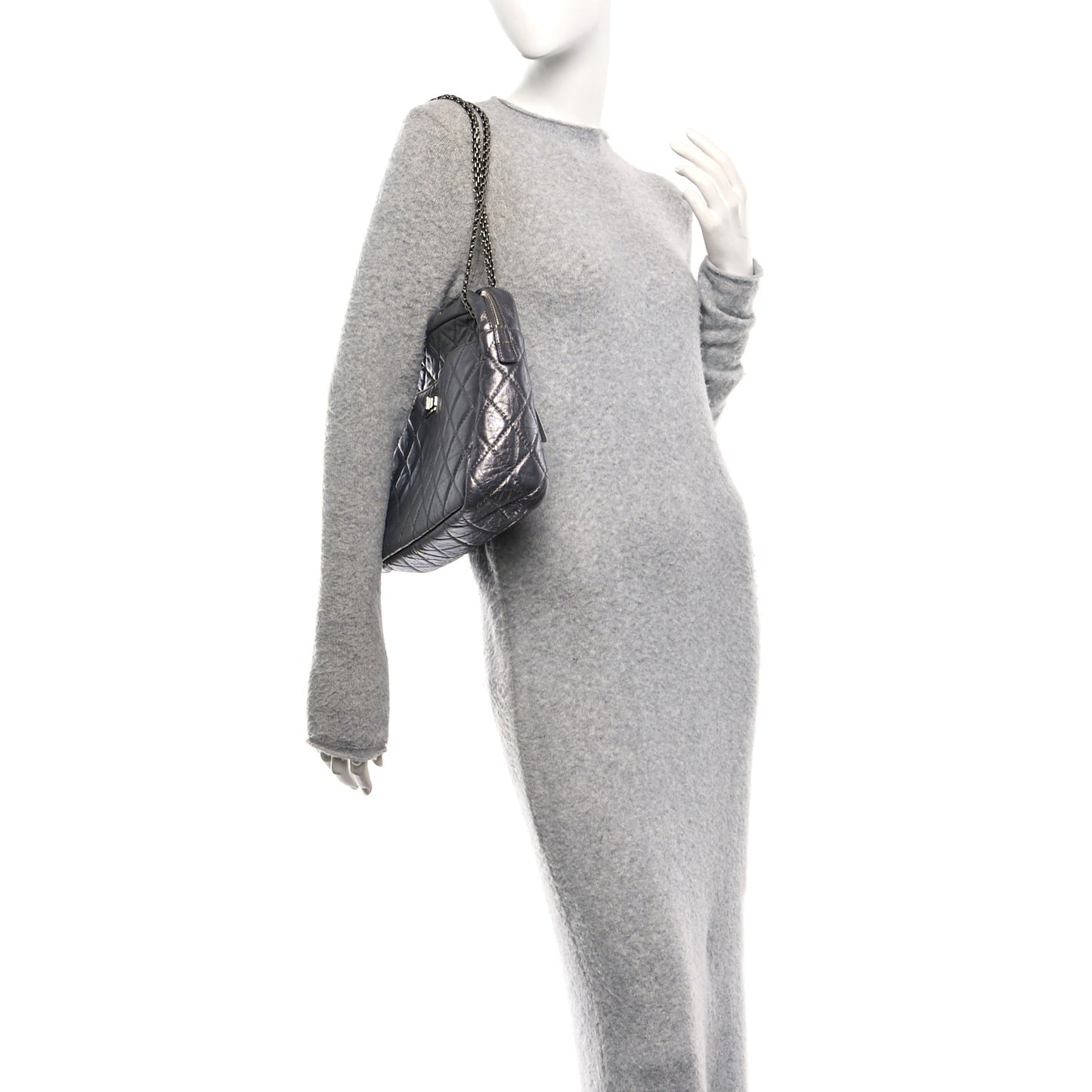 Metallic Aged Calfskin Quilted Large Reissue Camera Case Silver