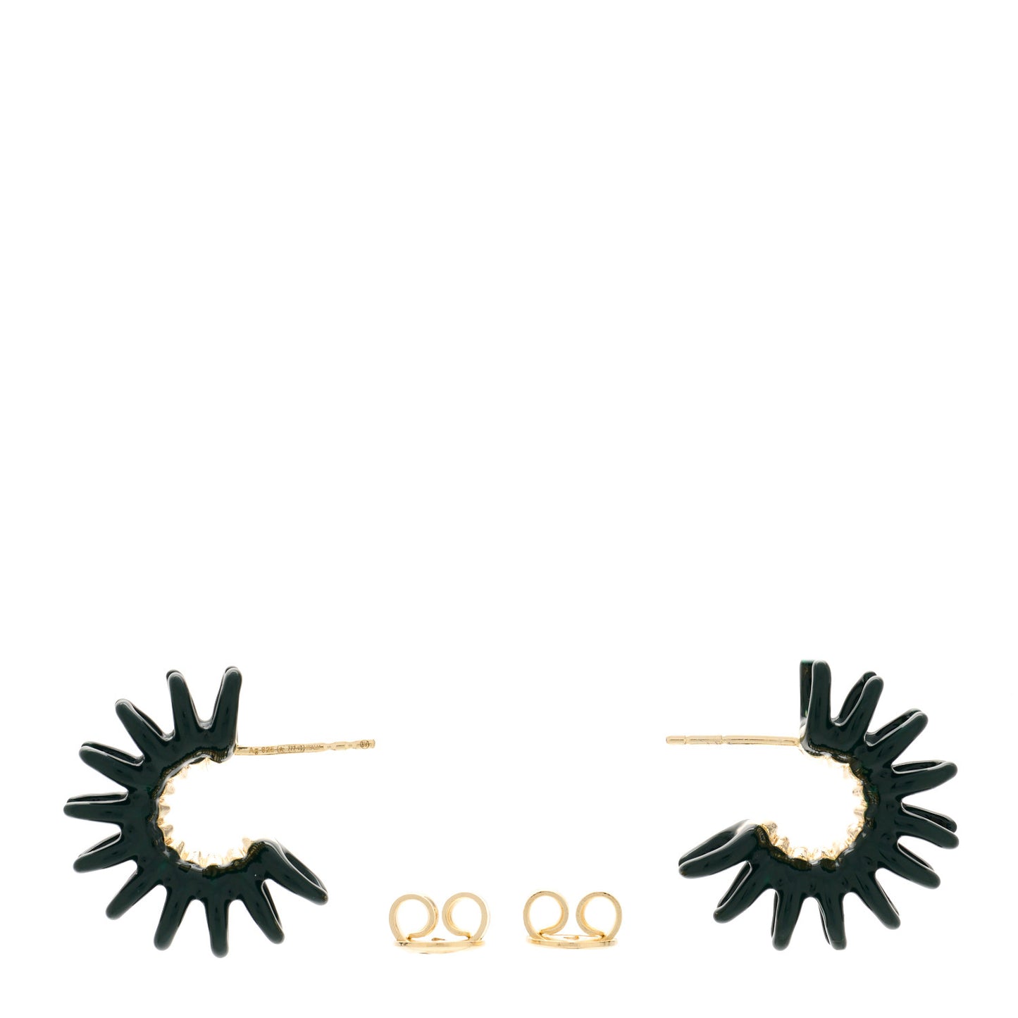 18K Yellow Gold Sterling Silver Enamel Spine Hoop Earrings Dark Green