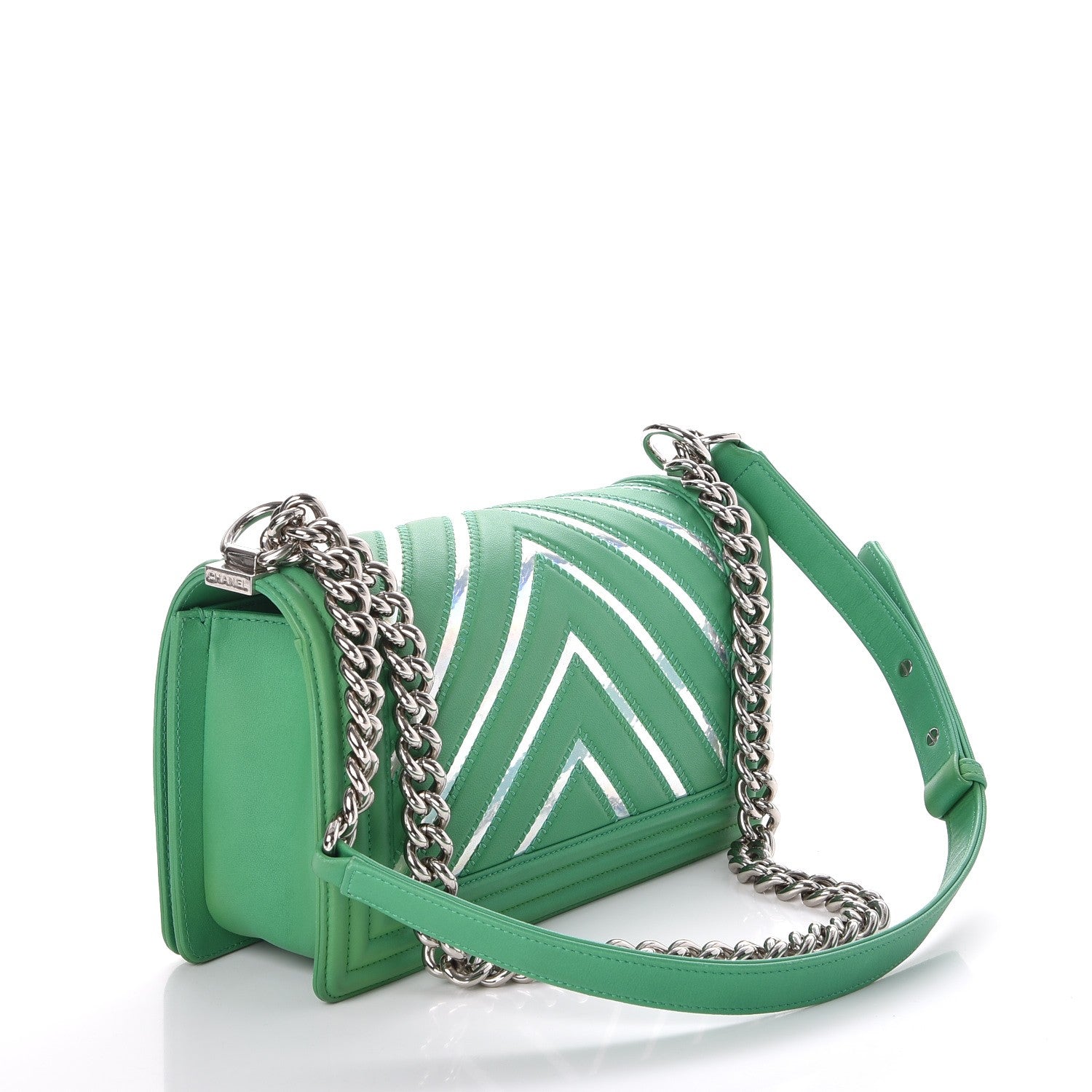Chanel Lambskin Iridescent PVC Chevron Quilted Medium Boy Flap Green Silver 3 of 7