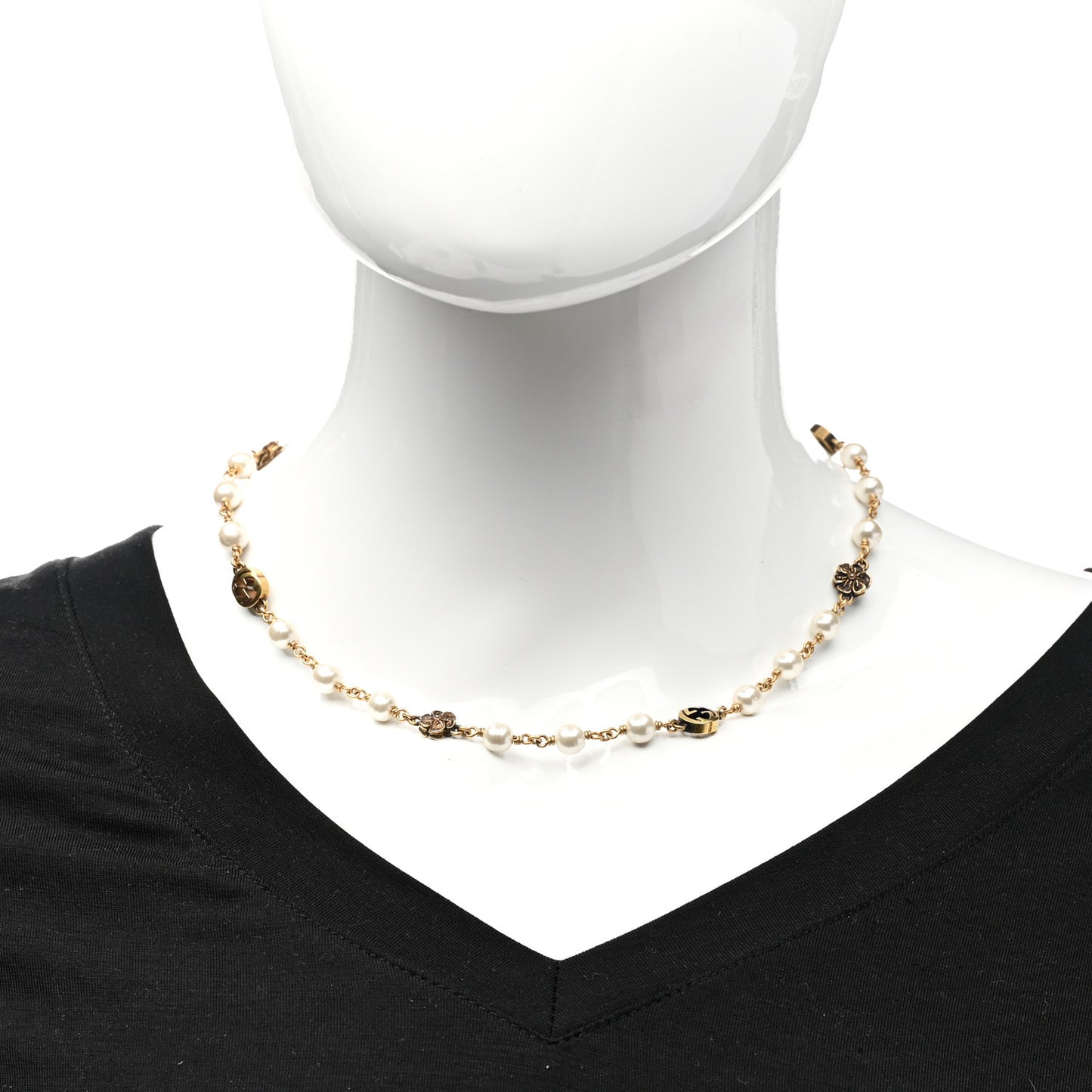 Metal Pearl Interlocking G Flower Necklace Gold