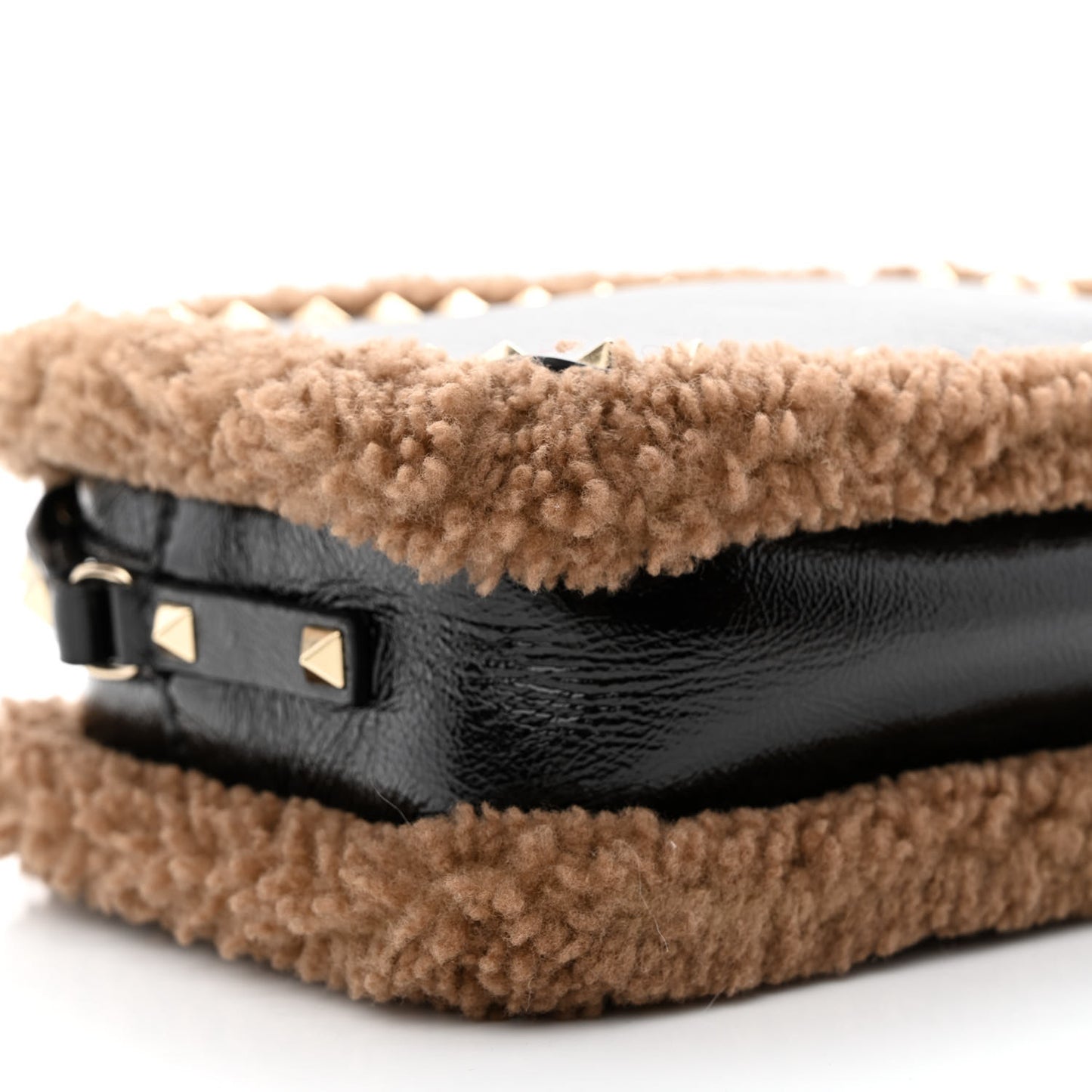 Textured Patent Calfskin Shearling Small Rockstud Camera Crossbody Bag Black