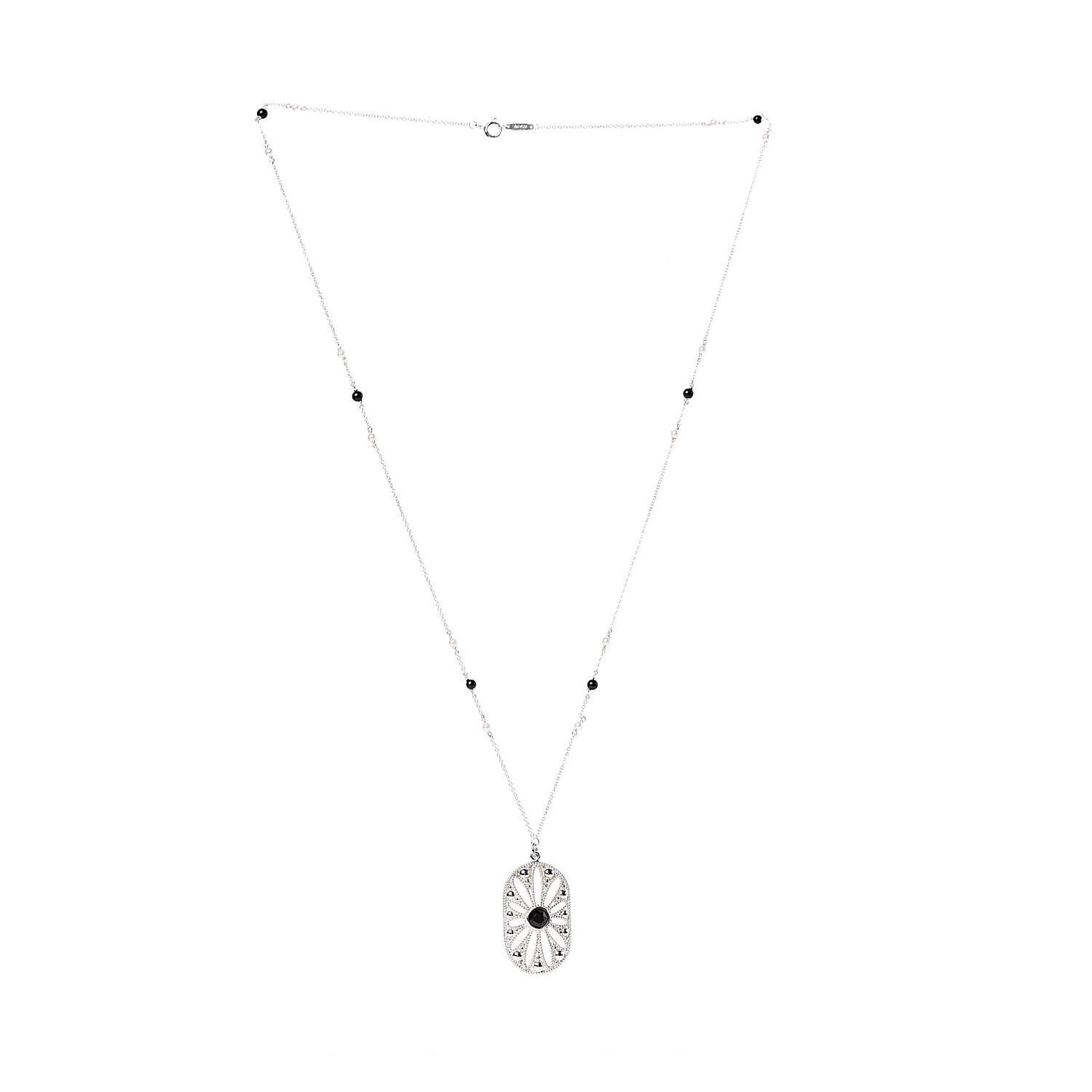Sterling Silver Black Onyx Pearl Ziegfeld Daisy Pendant Necklace