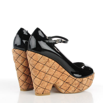 Chanel Patent Cork Quilted CC Wedge Peep Toe Sandals 38 Black 4 of 6