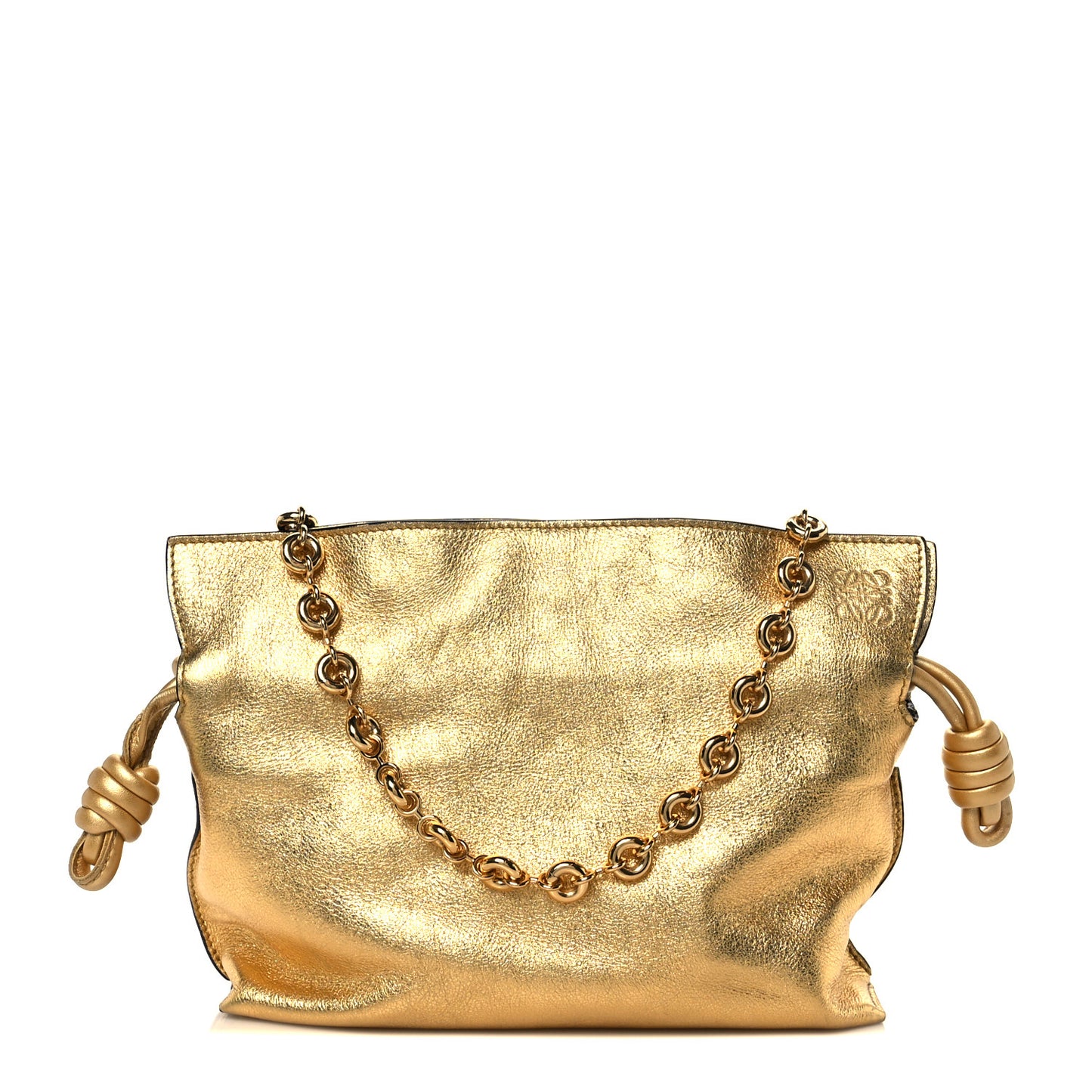 Metallic Calfskin Mini Chain Flamenco Knot Clutch Gold