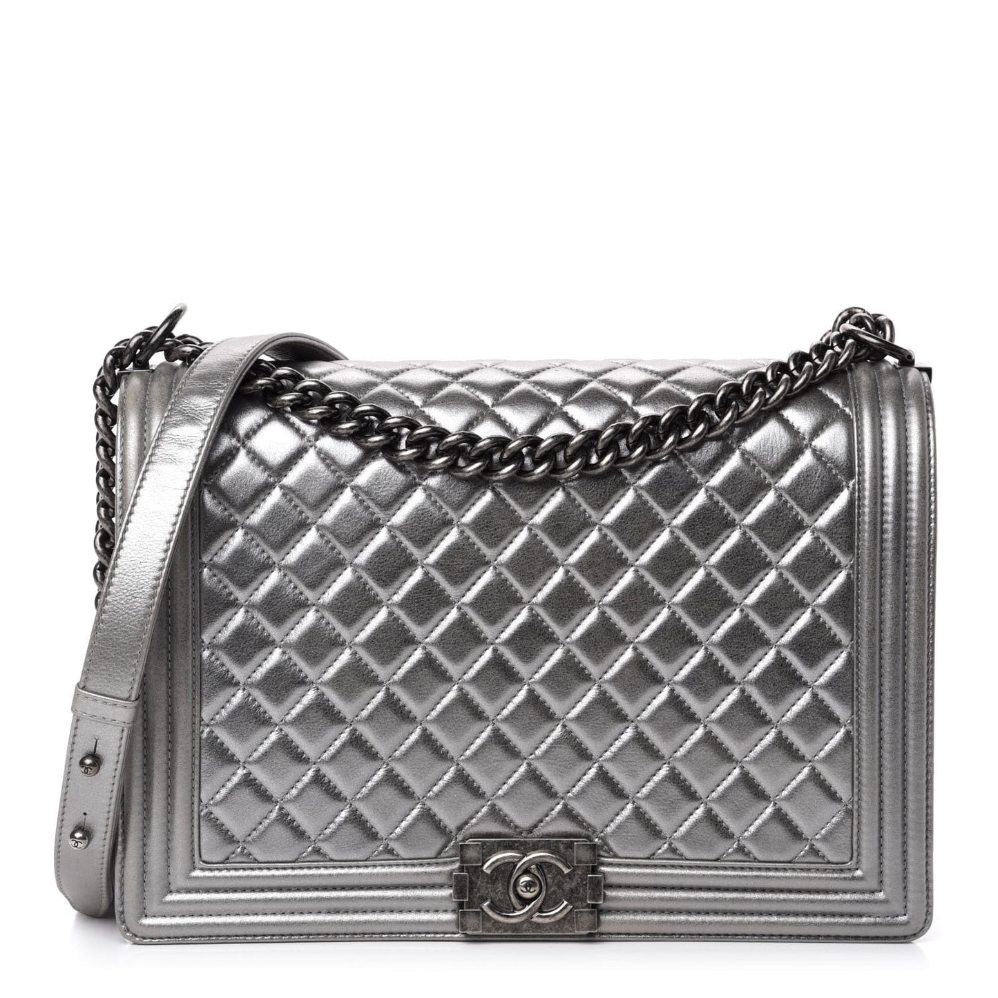 Metallic Calfskin Quilted Large Boy Flap Silver
