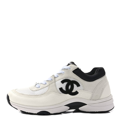 Chanel Mesh Suede Calfskin Grained Calfskin Womens CC Sneakers 40 White Black 1 of 8