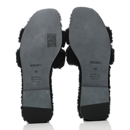 Hermes Woolskin Oran Sandals 38 Black 5 of 7