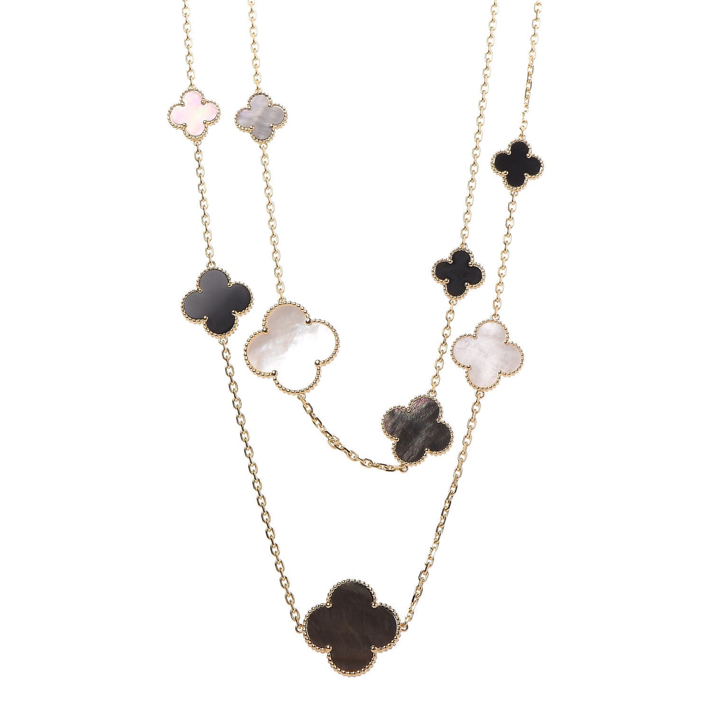 18K Yellow Gold Onyx Mother of Pearl 16 Motifs Magic Alhambra Necklace