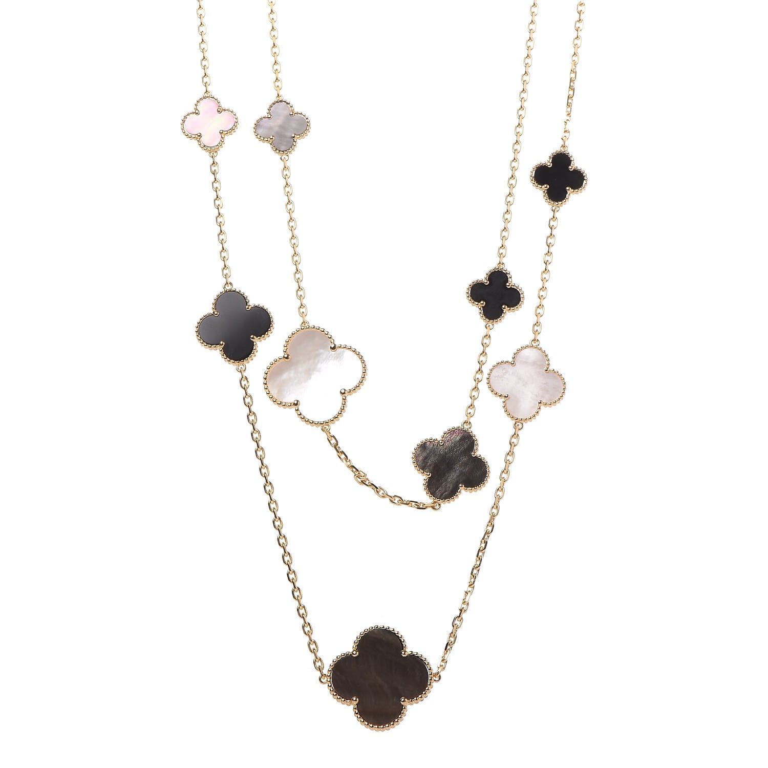 Van Cleef & Arpels 18K Yellow Gold Onyx Mother of Pearl 16 Motifs Magic Alhambra Necklace 1 of 5
