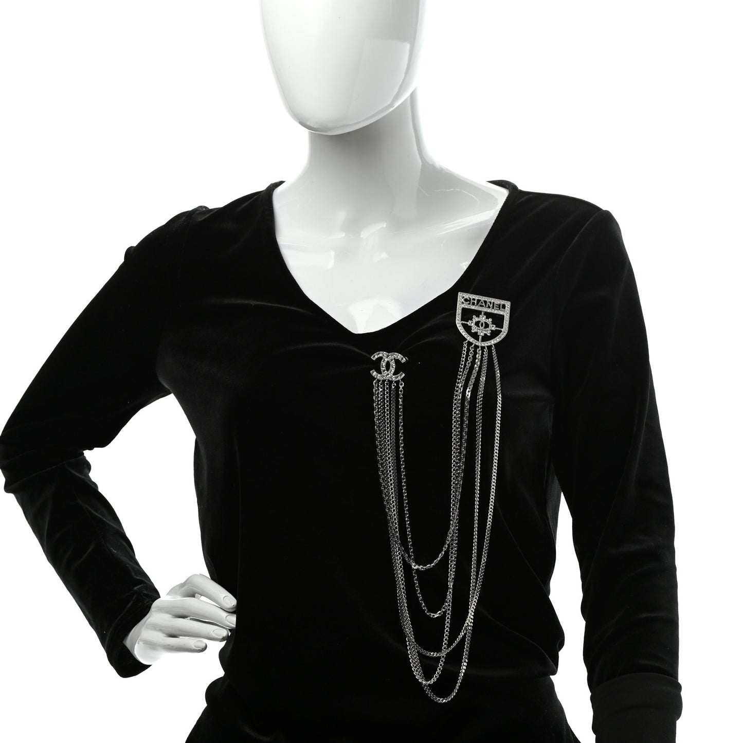 Baguette Crystal CC Shield Multi Strand Long Chain Brooch Silver