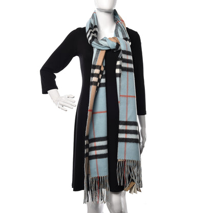 Burberry Cashmere Giant Check To Check Reversible Fringe Scarf Pale Peridot Blue 2 of 5