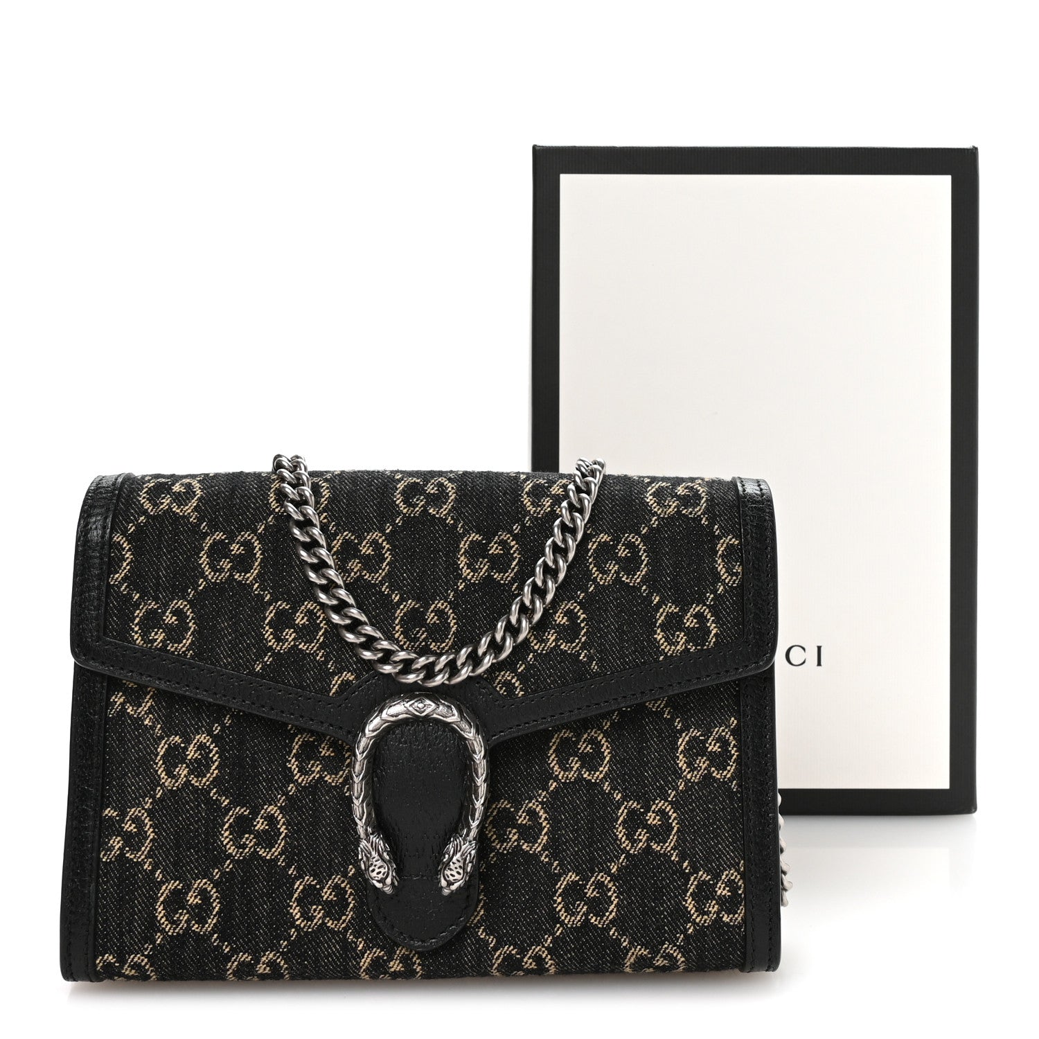 Gucci Jacquard Black Denim GG Monogram Mini Dionysus Chain Wallet