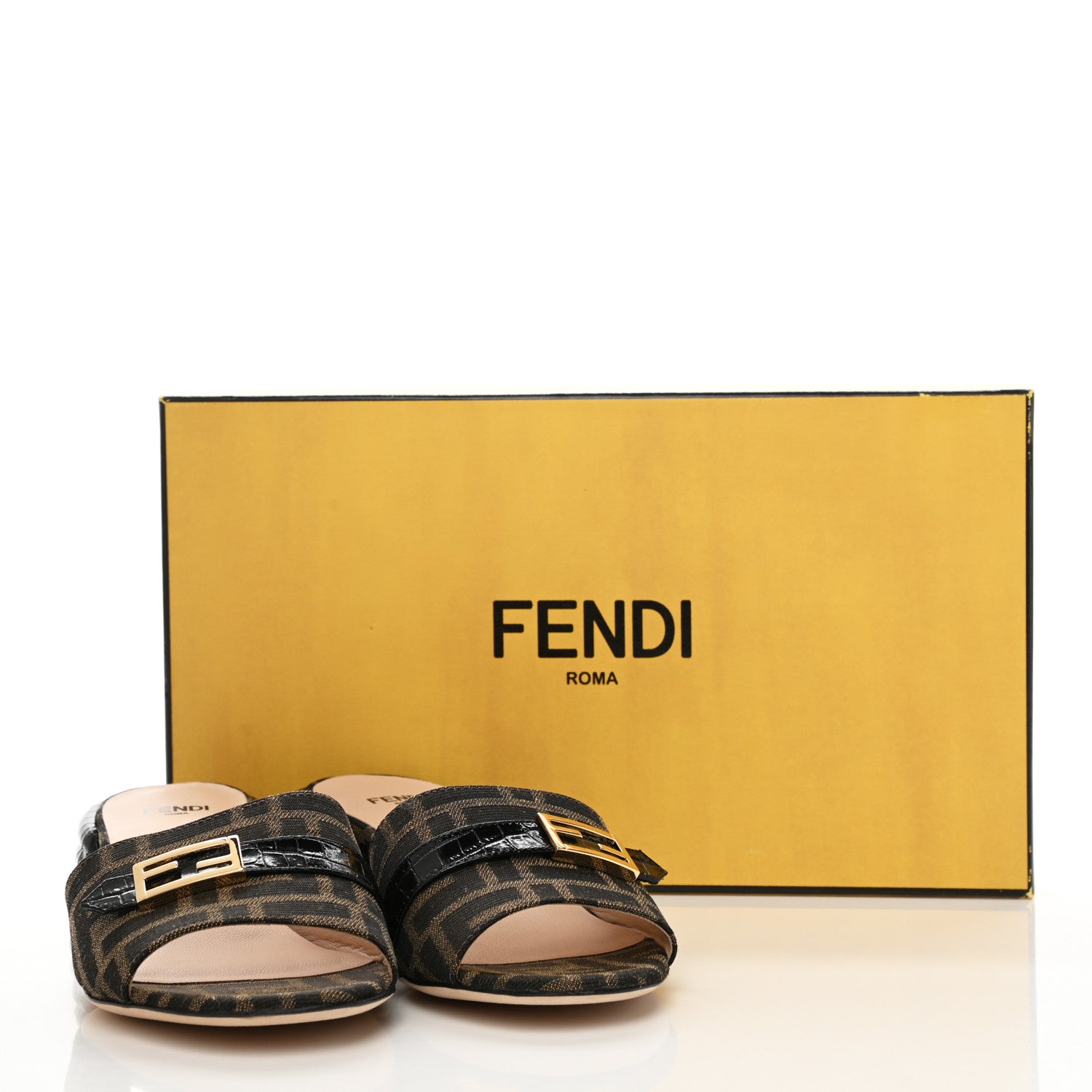 Fendi Jacquard Calfskin FF Crocodile Embossed Promenade Slide Sandals 35.5 Tobacco Moro Black 8 of 8