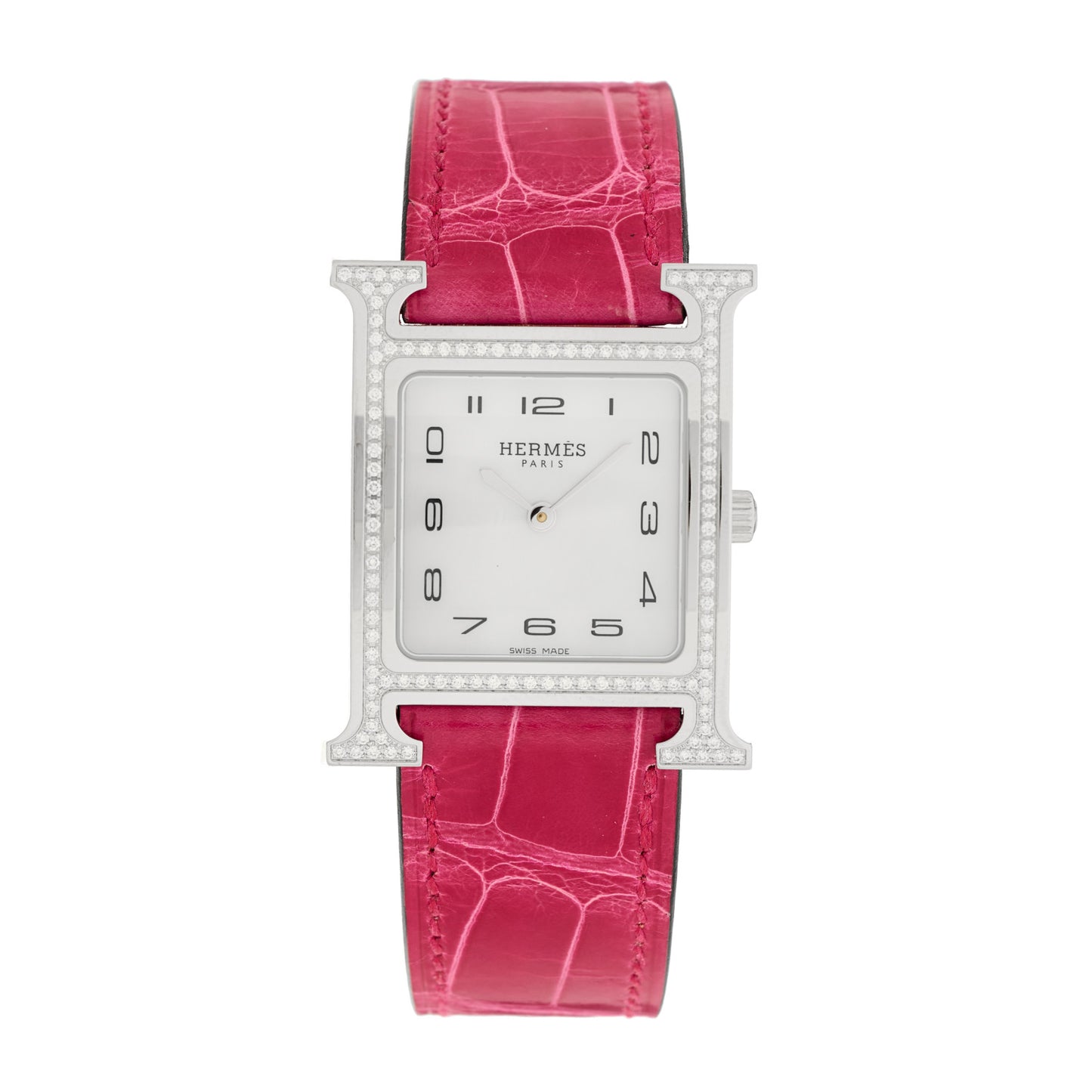 Stainless Steel Alligator Diamond Bezel Mother of Pearl 26mm Heure H Hour Quartz Watch Framboise