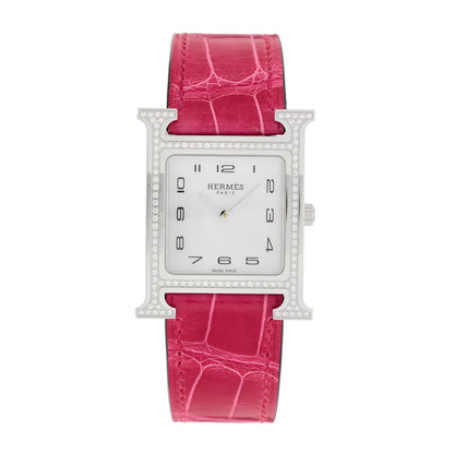 Hermes Stainless Steel Alligator Diamond Bezel Mother of Pearl 26mm Heure H Hour Quartz Watch Framboise 1 of 5
