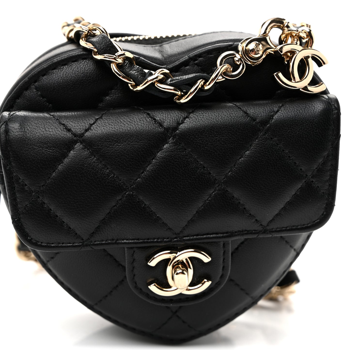 Lambskin Quilted CC In Love Heart Waist Belt Bag With Chain Black