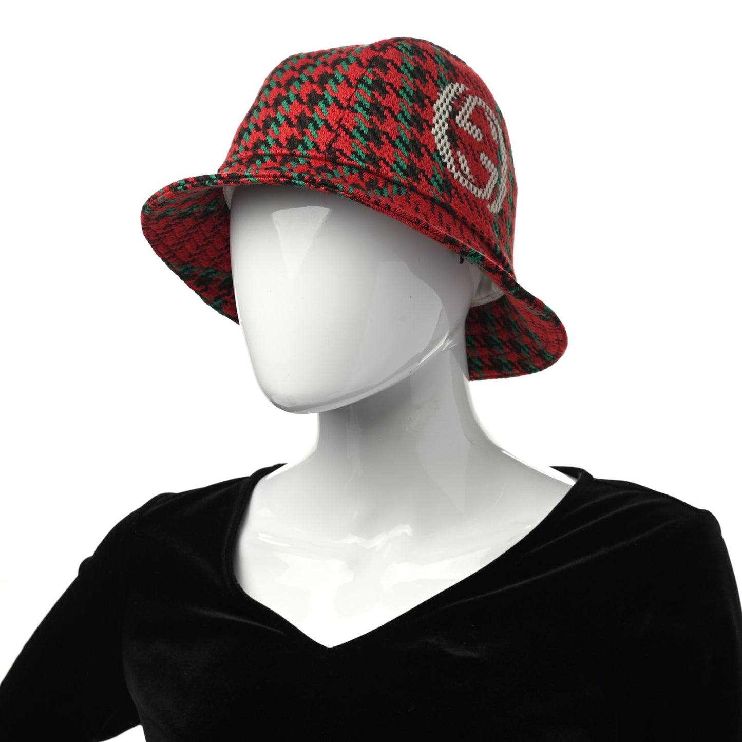 Tweed Wool Houndstooth Interlocking G Bucket Hat M Red Green