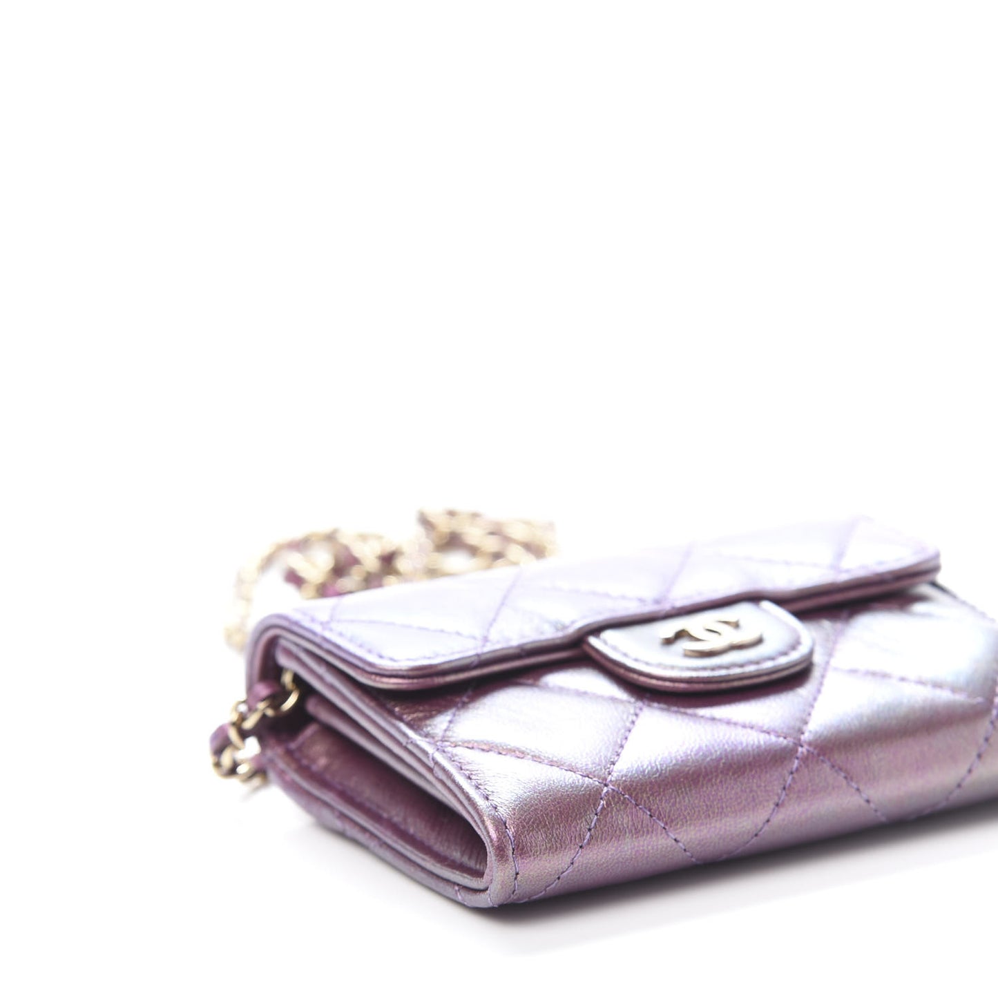 Iridescent Lambskin Quilted Flap Card Holder On Chain Purple