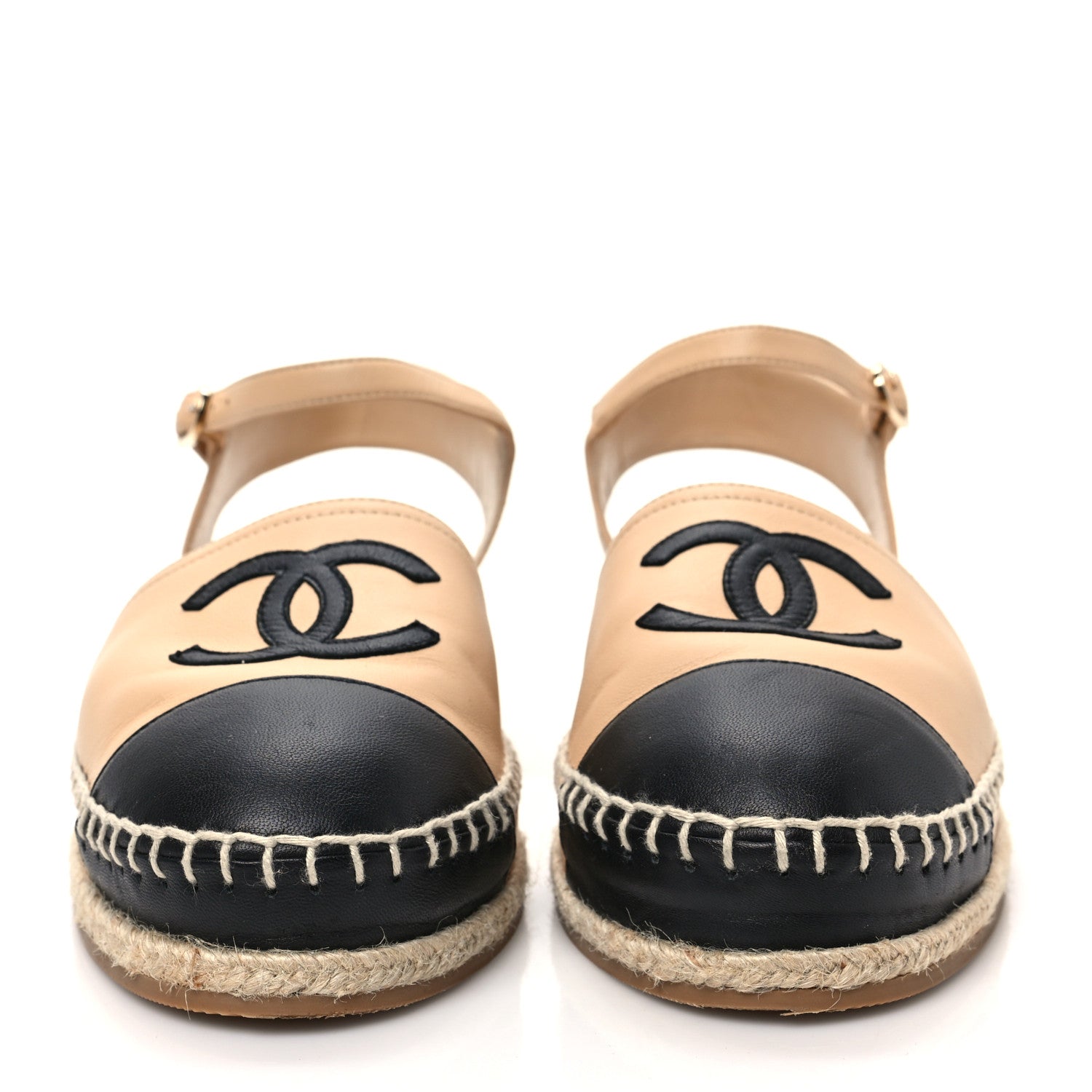 Chanel Lambskin Cap Toe CC Espadrille Sandals 38 Beige Black 2 of 8