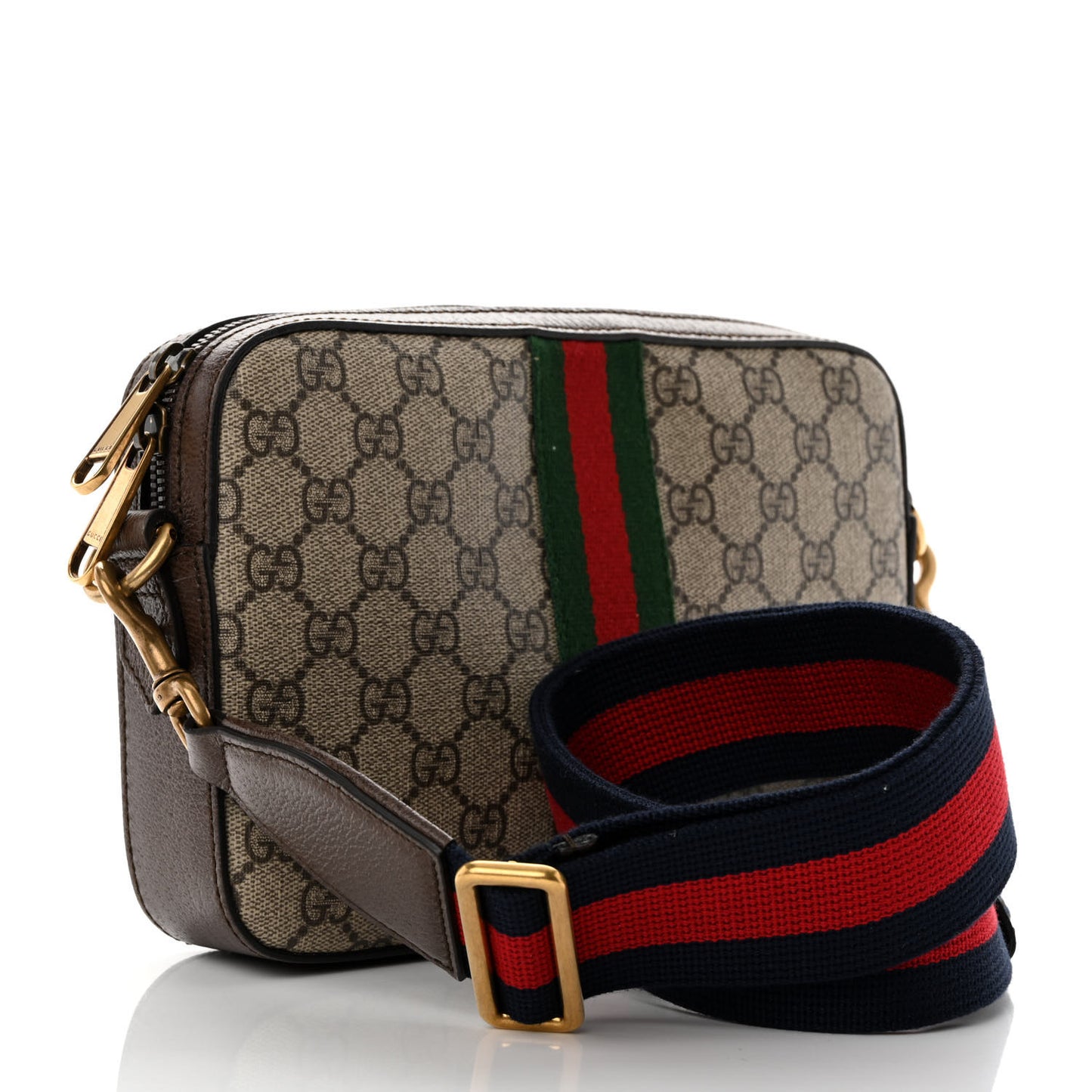 GG Supreme Monogram Textured Dollar Calfskin Web Ophidia Wristlet Shoulder Bag Beige Ebony New Acero
