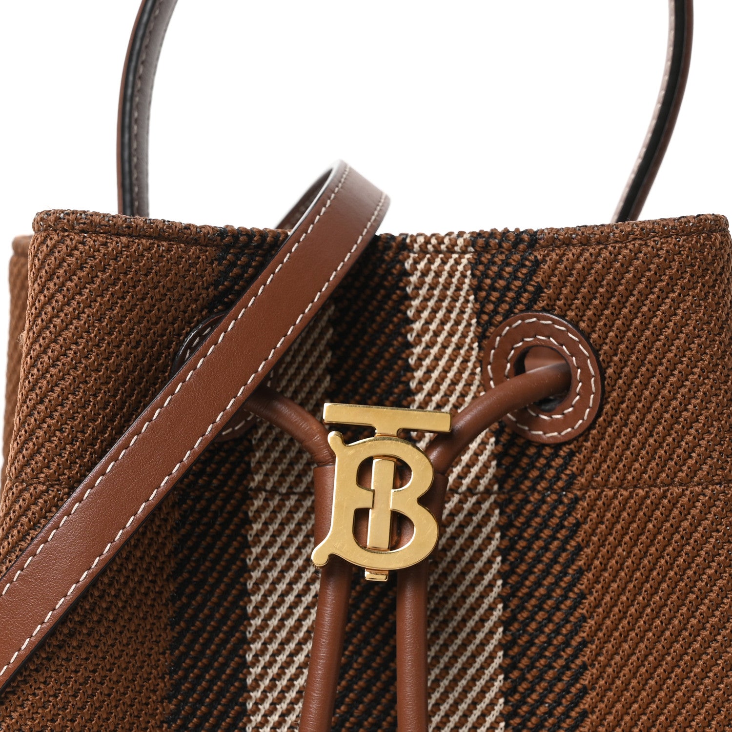 Burberry Knitted Check Calfskin TB Small Drawstring Bucket Bag Dark Birch Brown 7 of 9