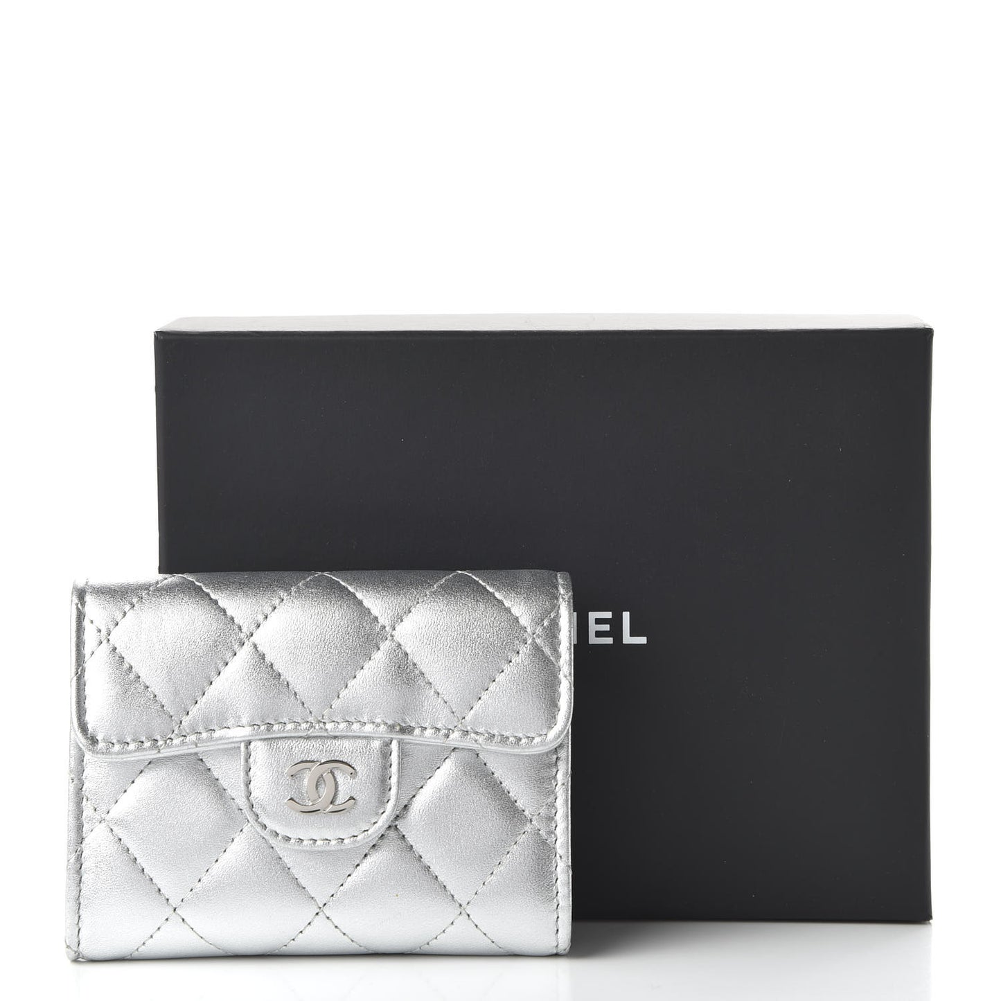 Metallic Lambskin Quilted Flap Card Holder Wallet Silver
