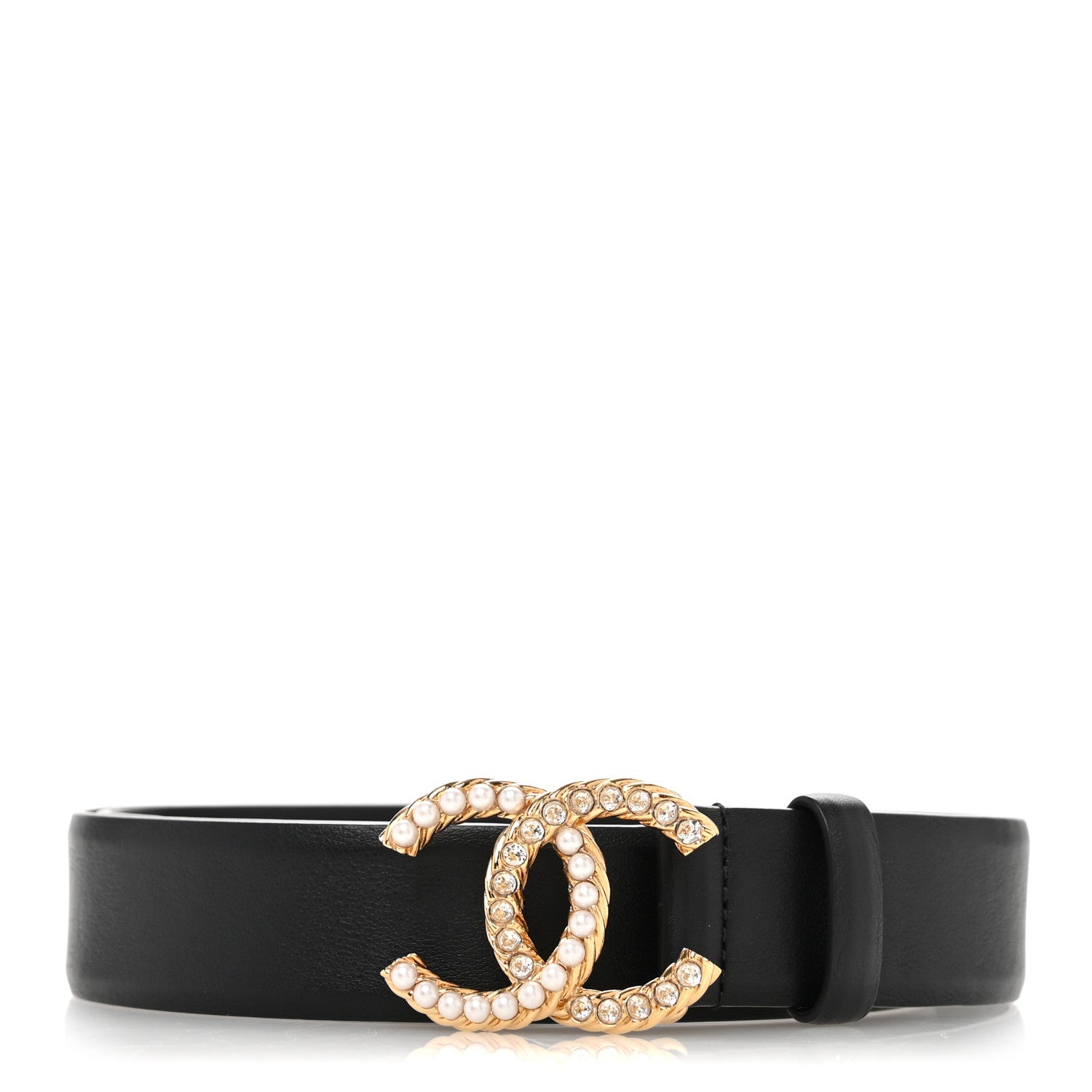 Chanel Calfskin Pearl Crystal CC Belt 80 32 Black 1700365
