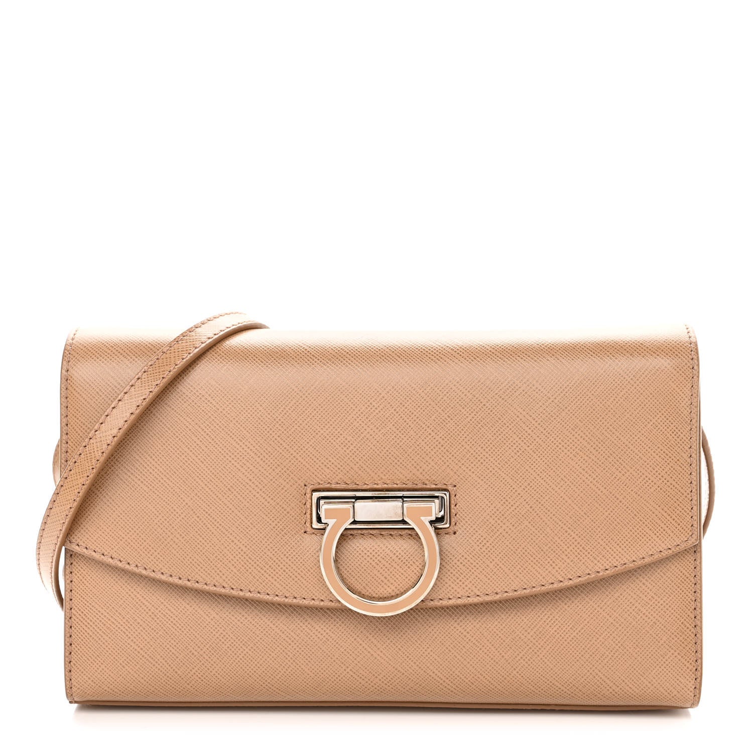 Salvatore Ferragamo Hammered Calfskin Enamel Gancini Flap Crossbody Beige 1 of 9