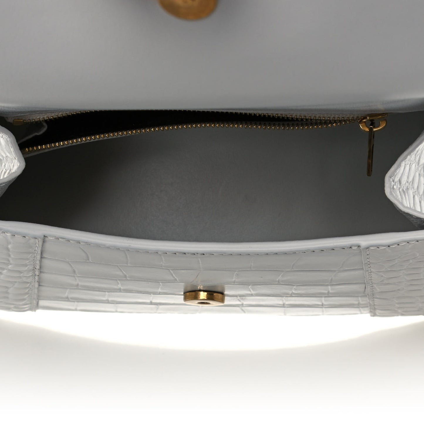 Shiny Calfskin Crocodile Embossed Small Hourglass Top Handle Bag White