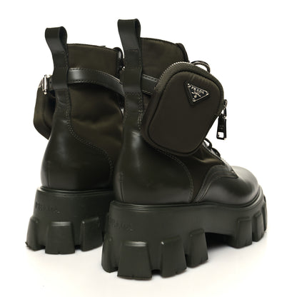 Prada Spazzolato Rois Re-Nylon Metal Triangle Logo Monolith Pouch Pocket 55mm Boots 40.5 Militare 4 of 9