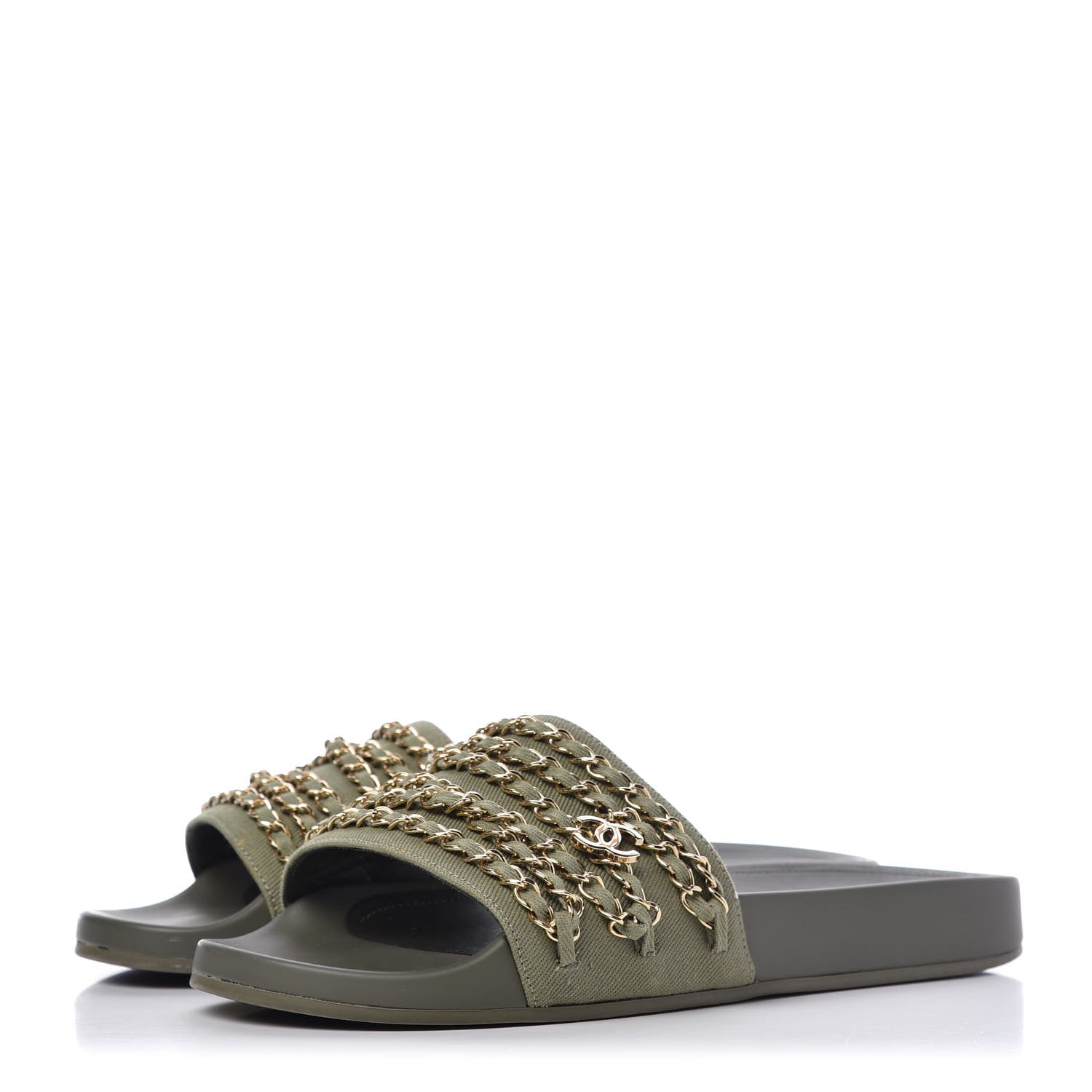Chanel Canvas Chain Flat Sandals 41 Khaki 3 of 10