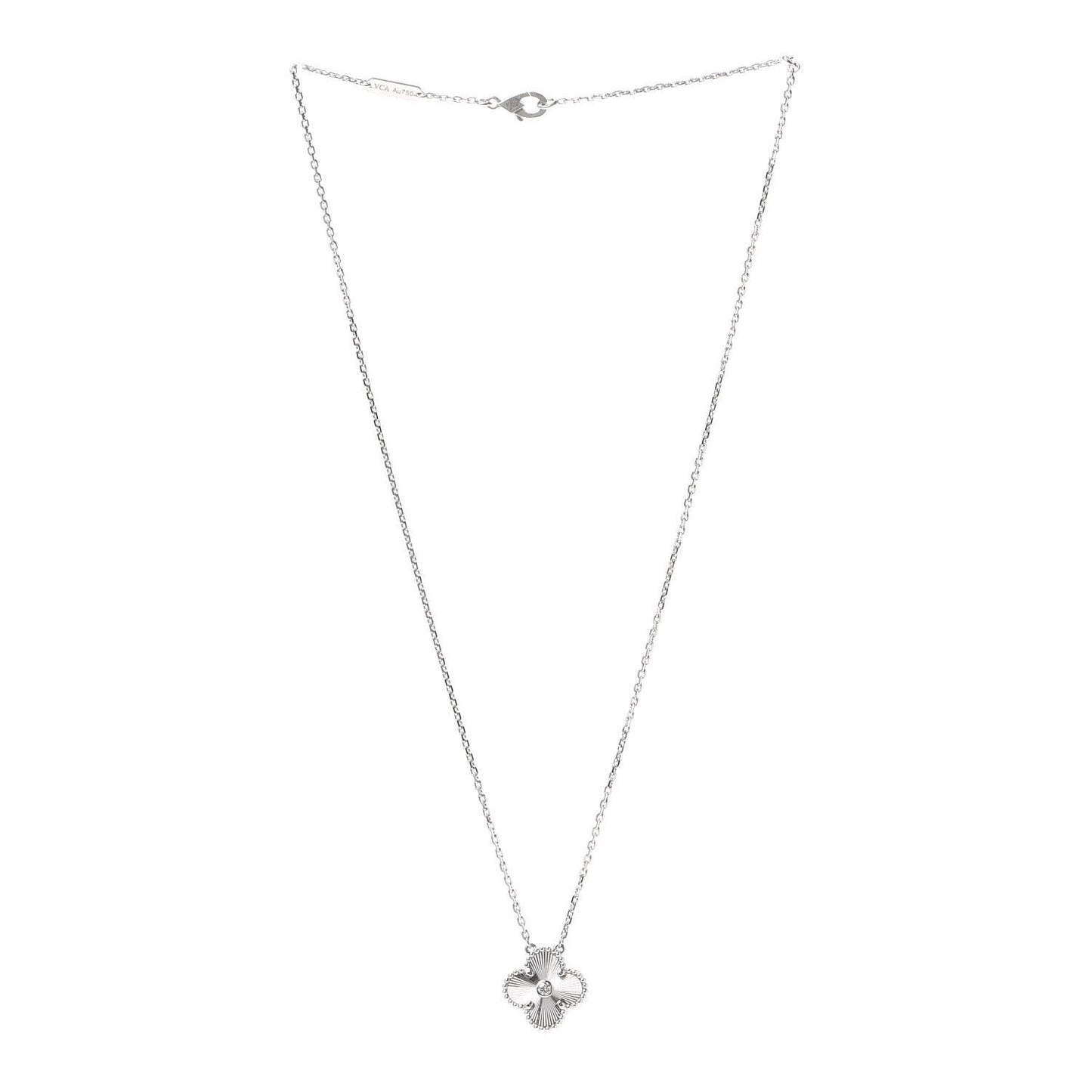 18K White Gold Diamond Guilloche Vintage Alhambra Pendant Necklace
