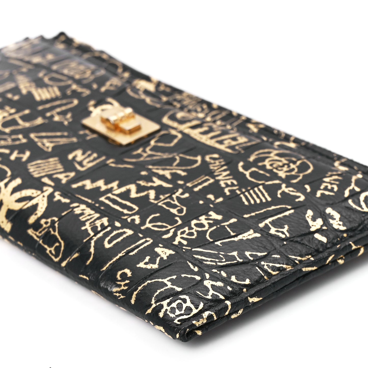 Calfskin Crocodile Embossed Graffiti 2.55 Cocodile Reissue Zip Pouch Black Gold