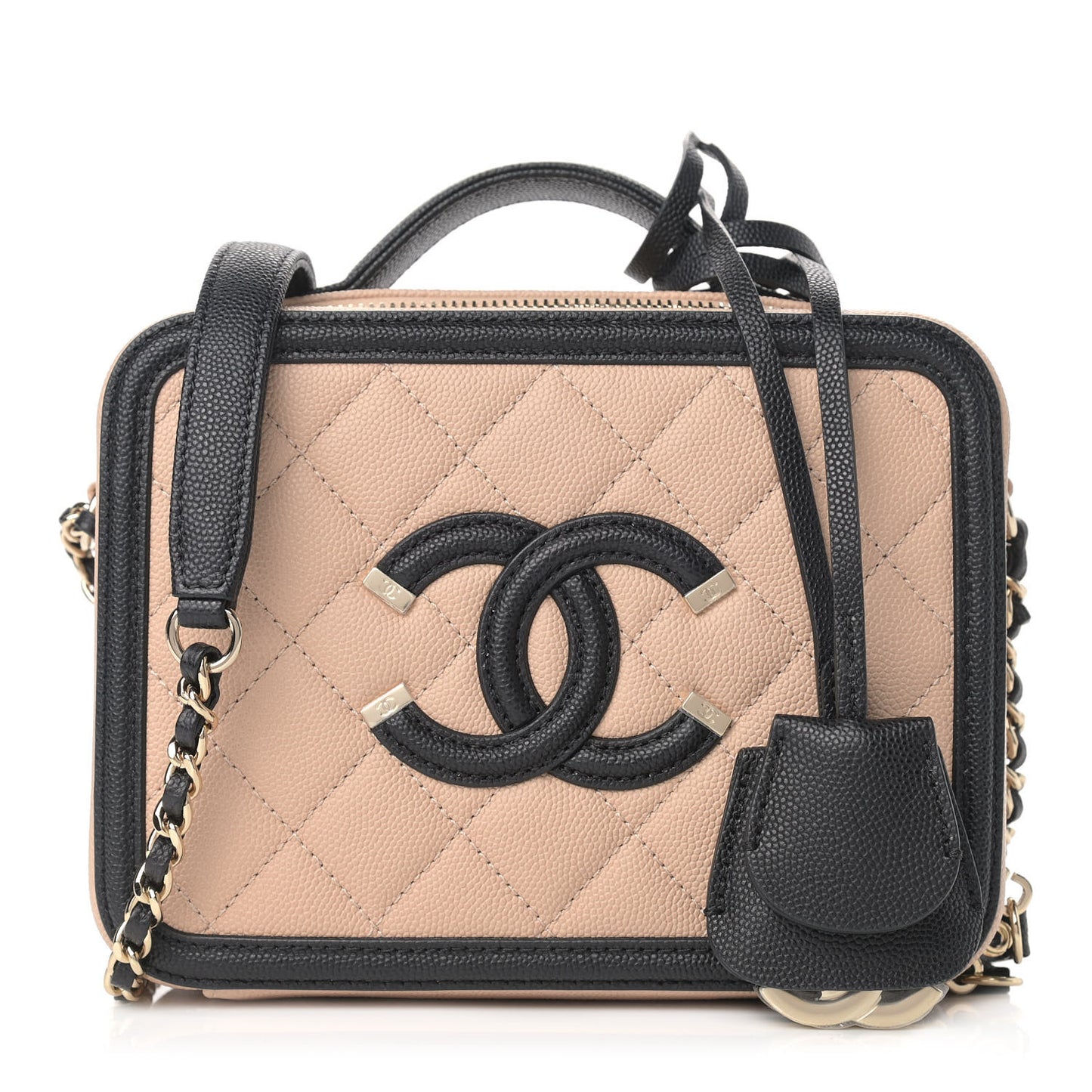 Caviar Quilted Medium CC Filigree Vanity Case Beige Black