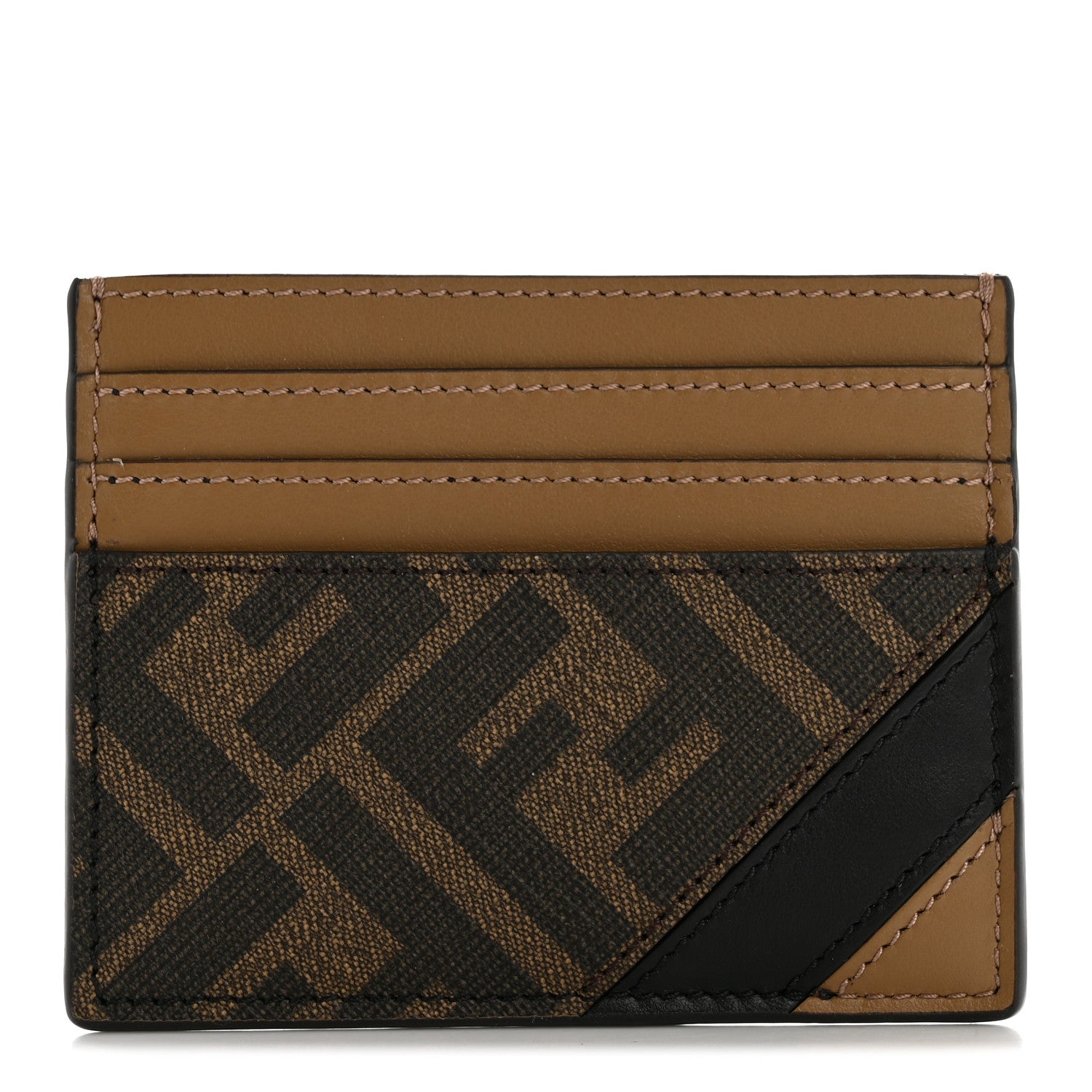 Fendi Glazed Fabric Vitello Liberty FF 1974 Diagonal Card Holder Tobacco Moro Sand Black 1 of 8