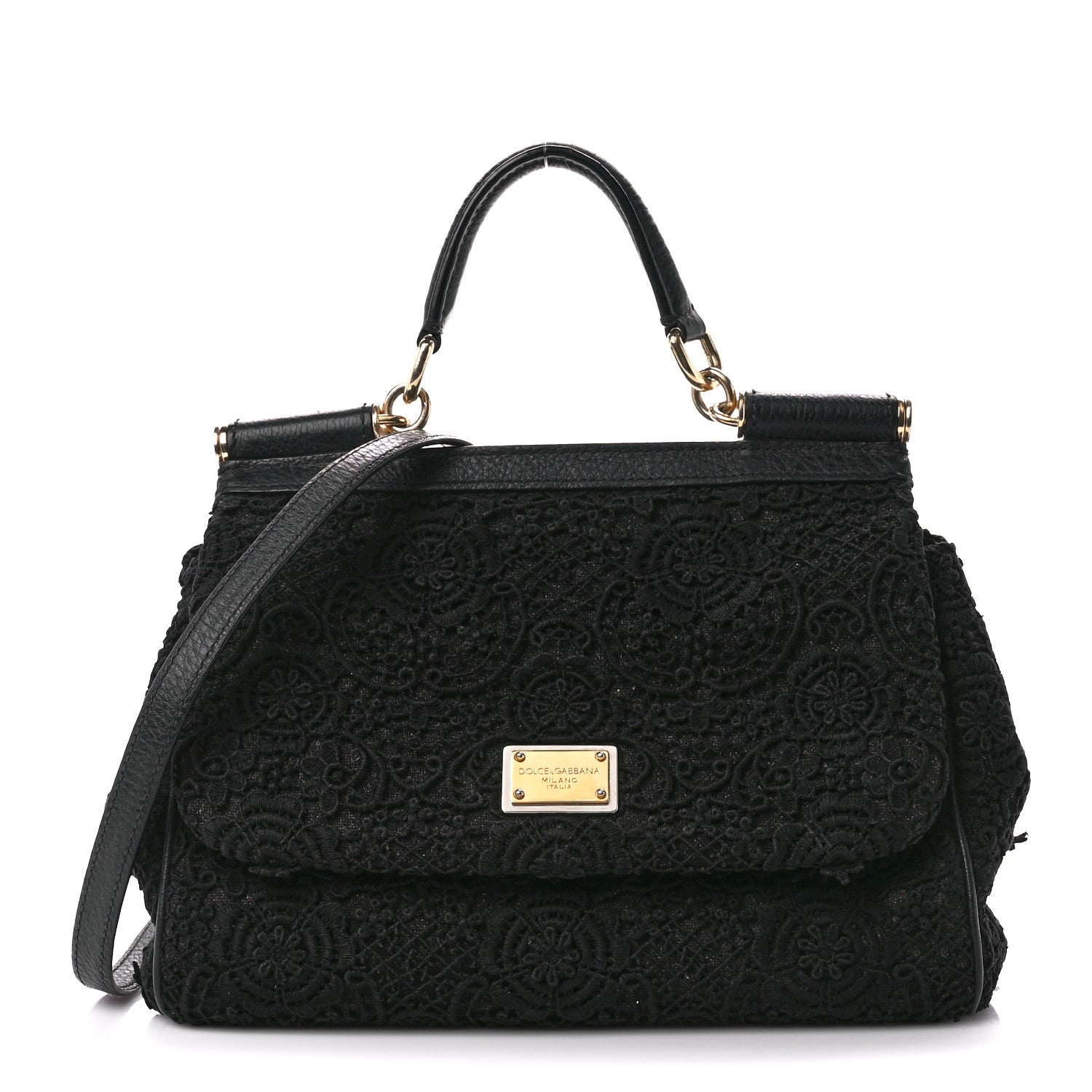 Dolce & Gabbana DOLCE & GABBANA Calfskin Lace Miss Sicily Satchel Black 1 of 14