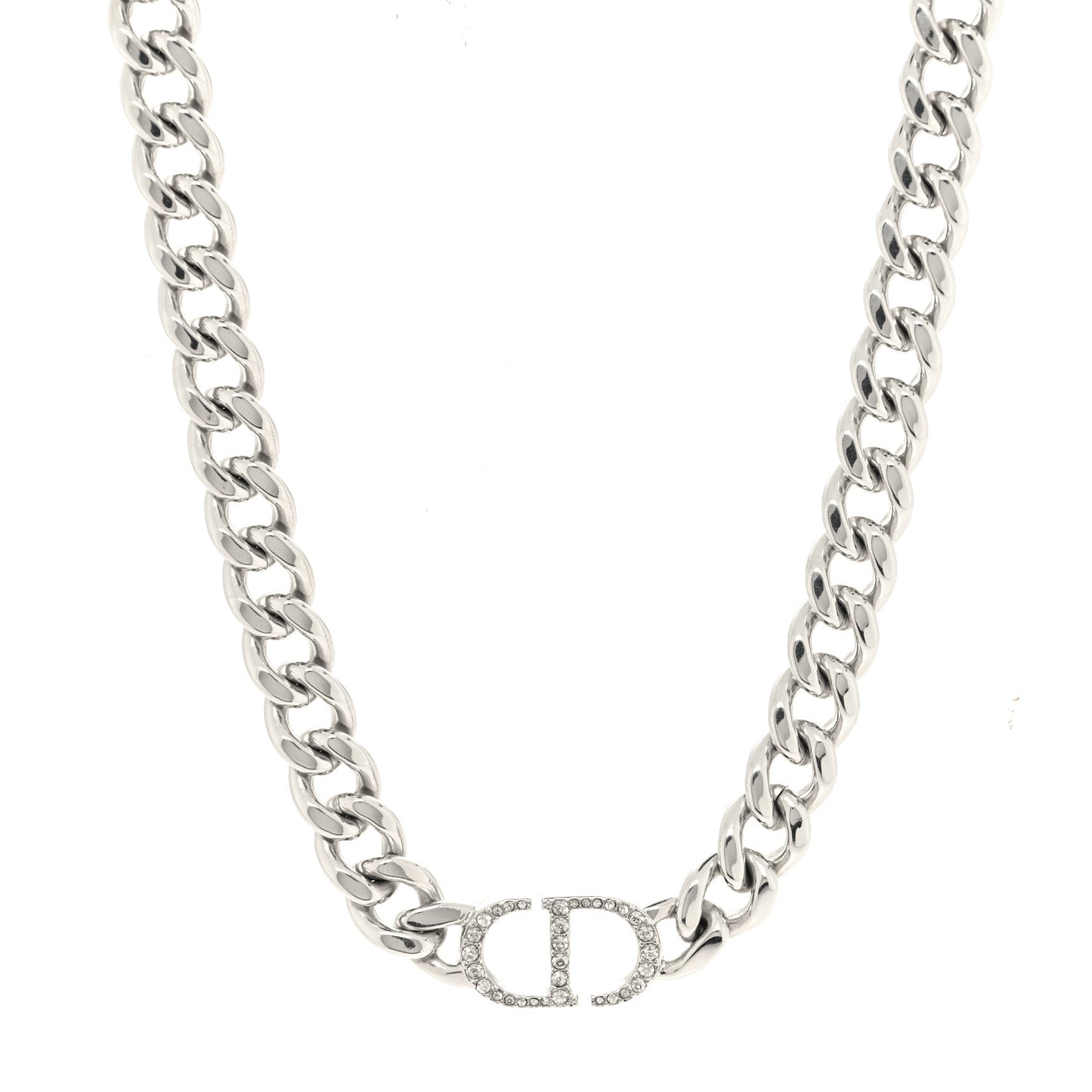 Metal Crystal CD Chain Link Necklace Silver