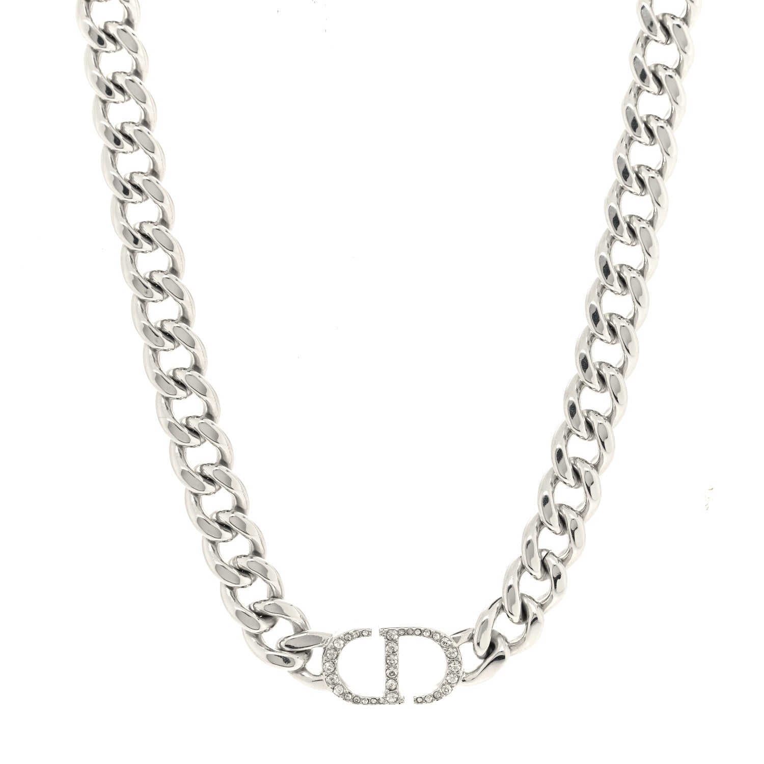 Christian Dior Metal Crystal CD Chain Link Necklace Silver 1 of 6
