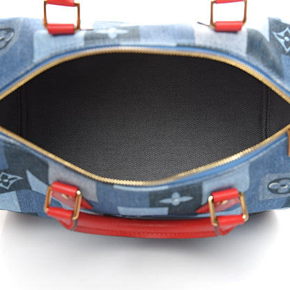 Louis Vuitton Denim Damier Monogram Patchwork Speedy Bandouliere 30 Blue Rouge 5 of 12