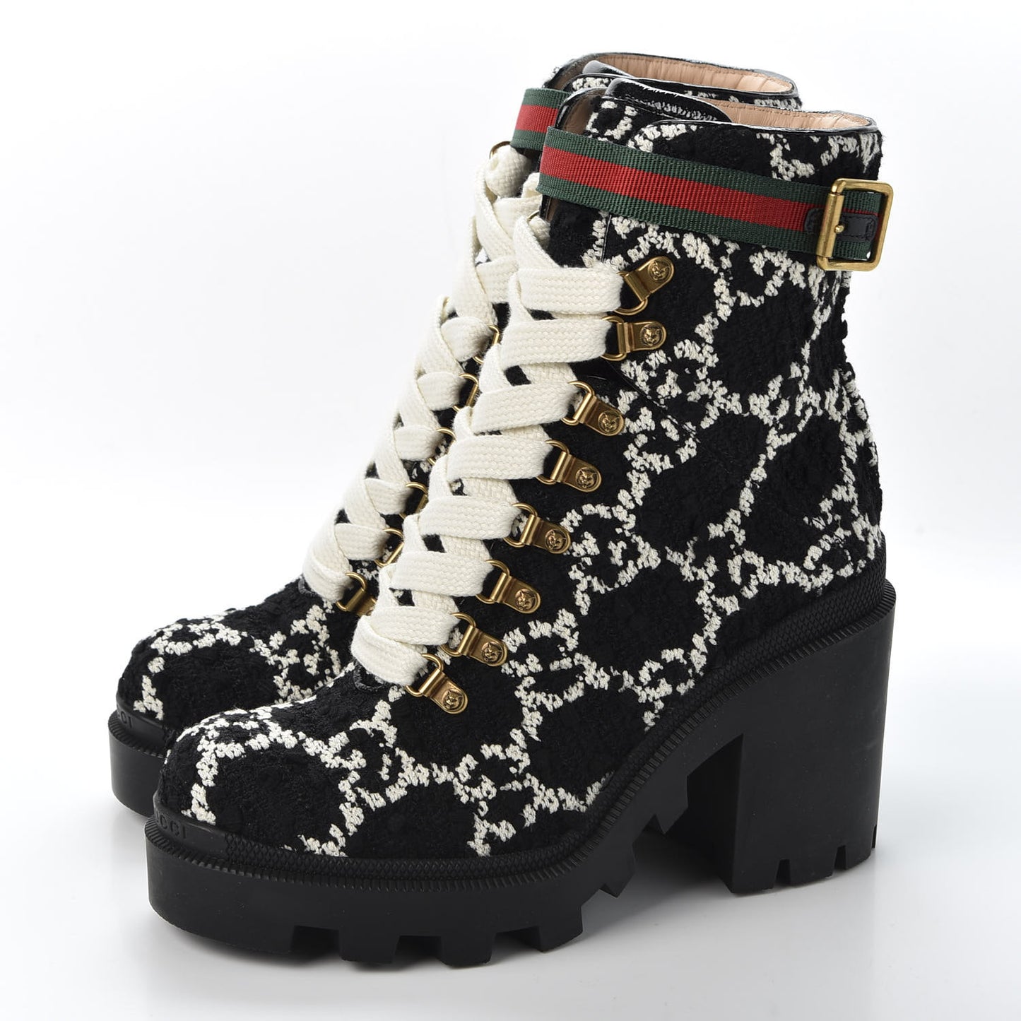 Tweed GG Monogram Lace Up Combat Ankle Boots 37.5 Black
