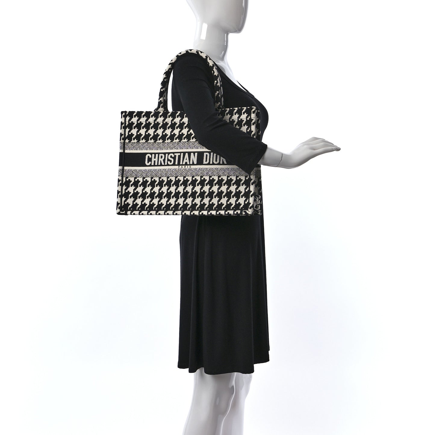 Canvas Macro Houndstooth Embroidered Medium Book Tote Black White