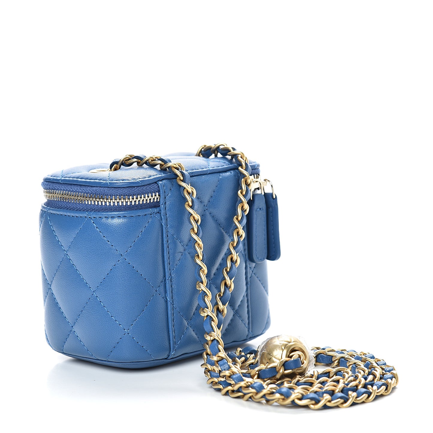 Lambskin Quilted Pearl Crush Mini Vanity Case With Chain Blue