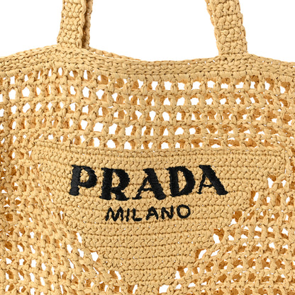 Prada Yarn Raffia Effect Crochet Logo Embroidered Tote Bag Naturale 7 of 9